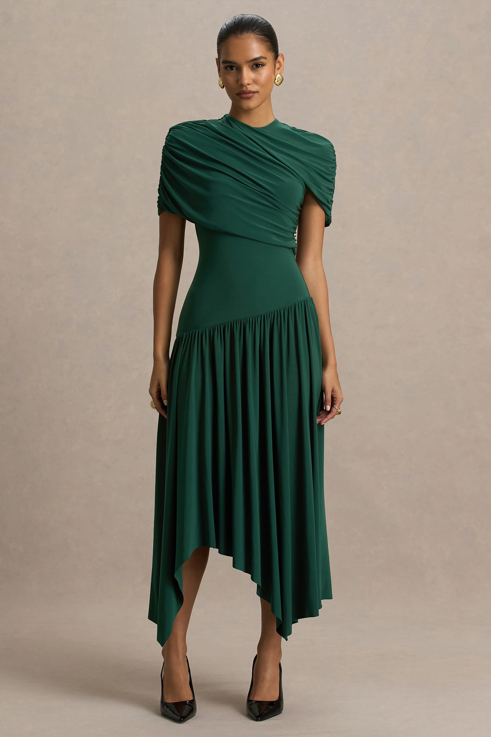 Ione | Teal Wrapped Midi Dress With Hanky Hem