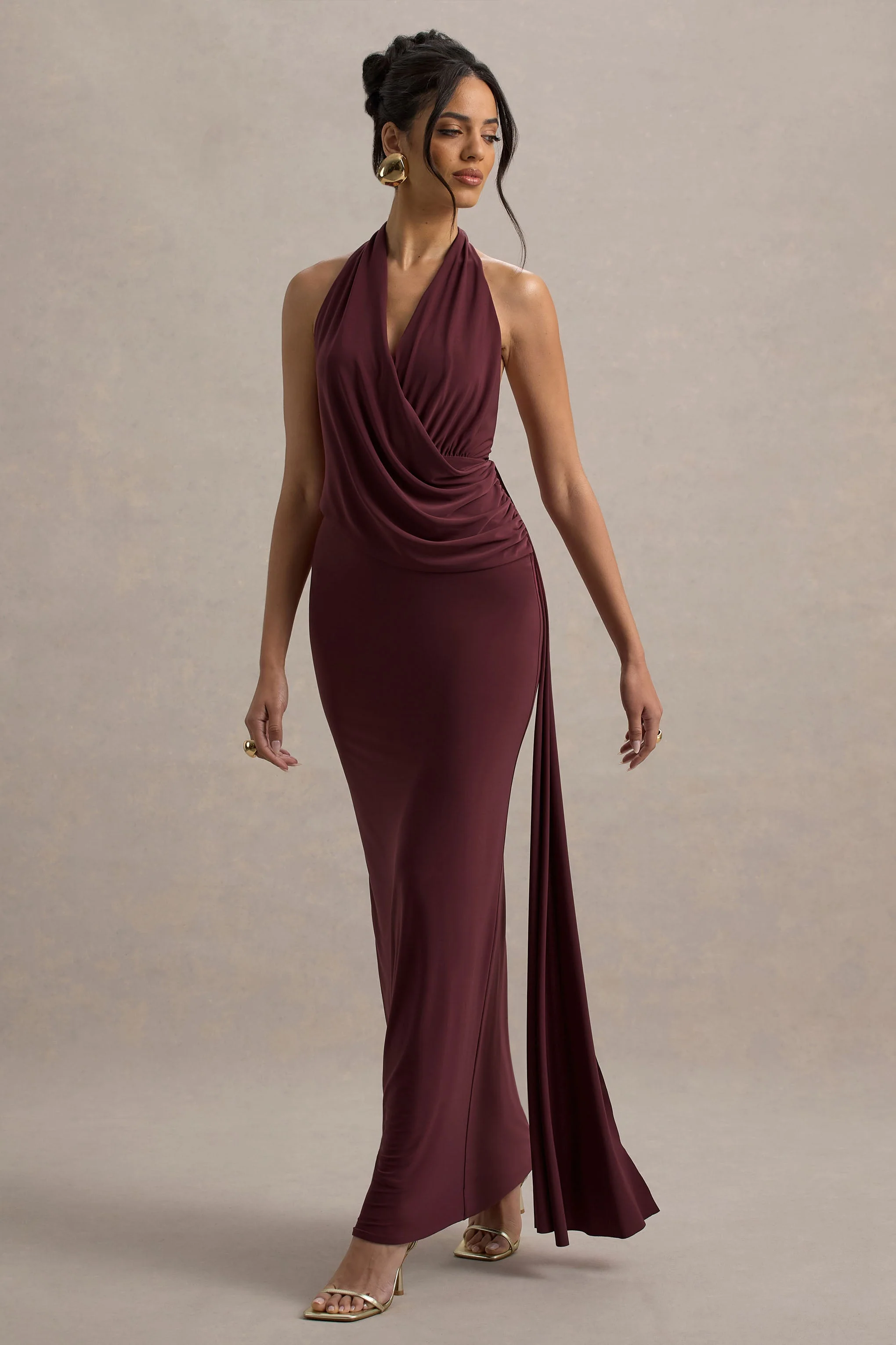 Rosina | Burgundy Halter-Neck Draped Maxi Dress With Sash