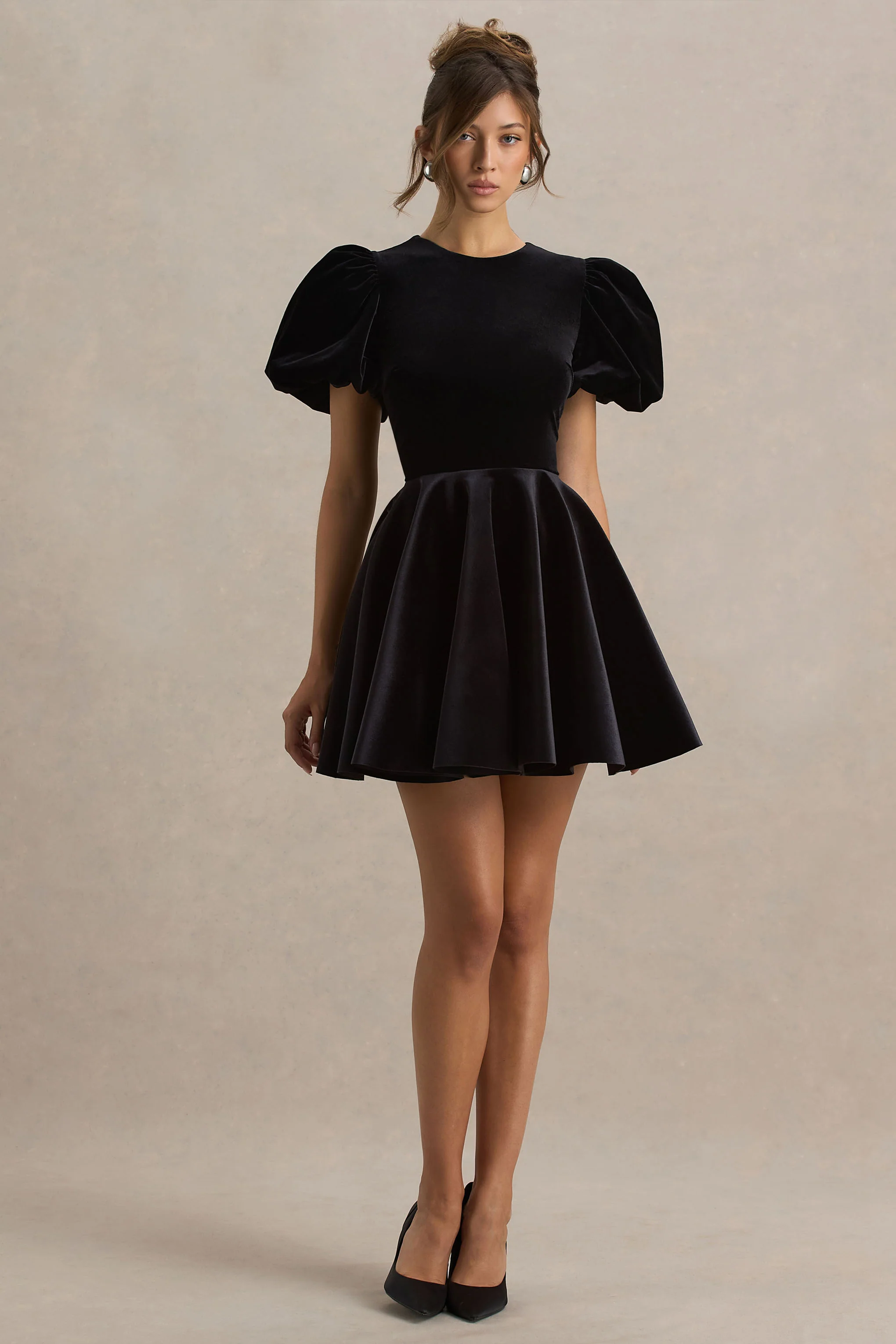 Priya | Black Velvet Mini Dress With Puff Sleeves