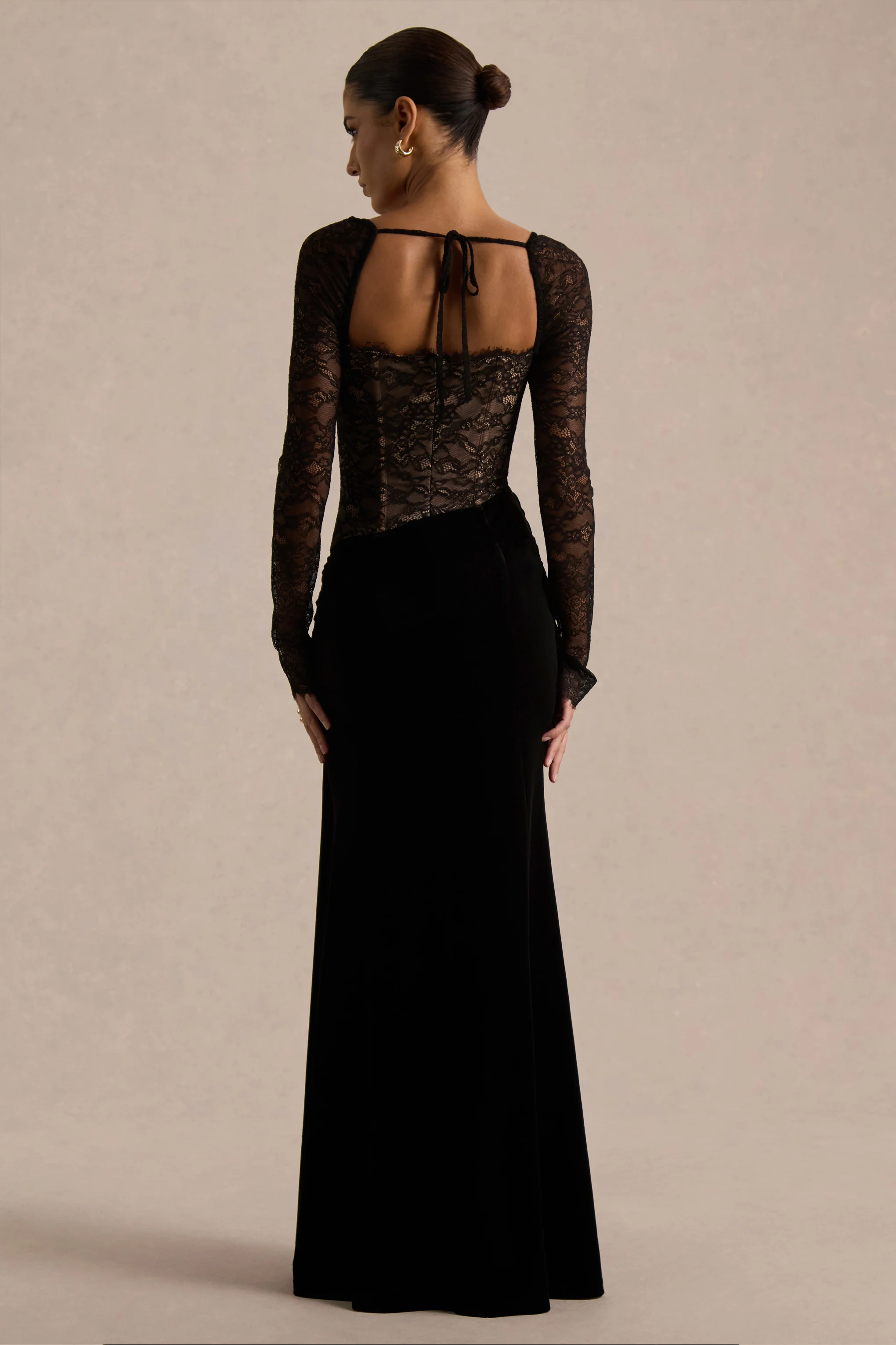 Finesse | Black Lace And Velvet Square-Neck Maxi Dress With Draped Skirt