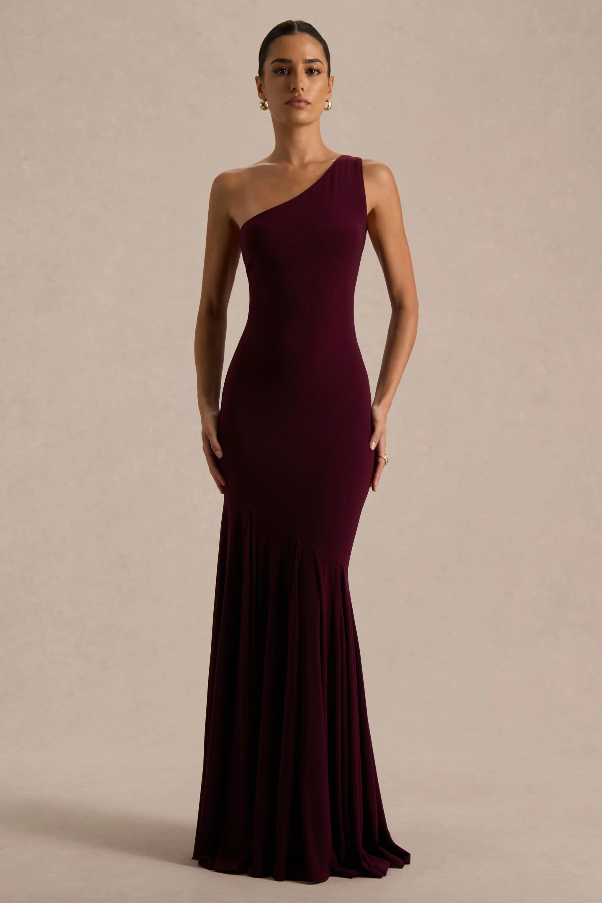 Zya | Dark Plum Asymmetric-Neck Fishtail Maxi Dress