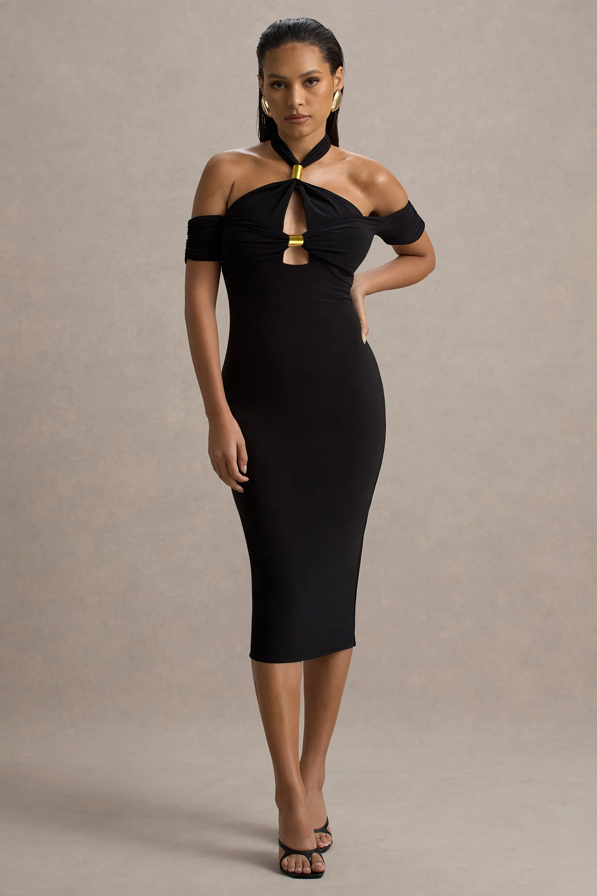 Selvina | Black Cut-Out Halter-Neck Midi Dress