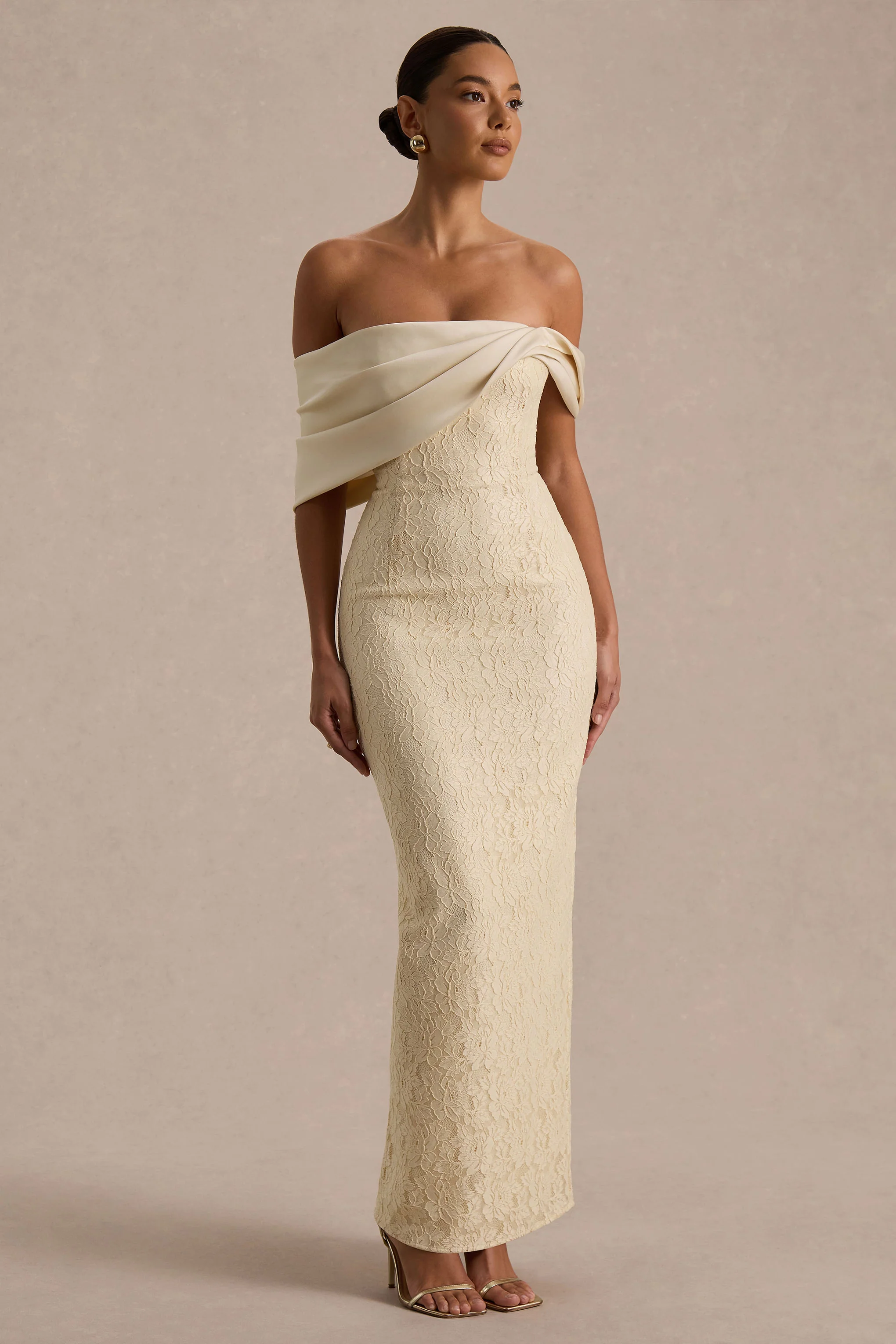 Solora | Cream Lace Twisted Bardot-Neck Maxi Dress