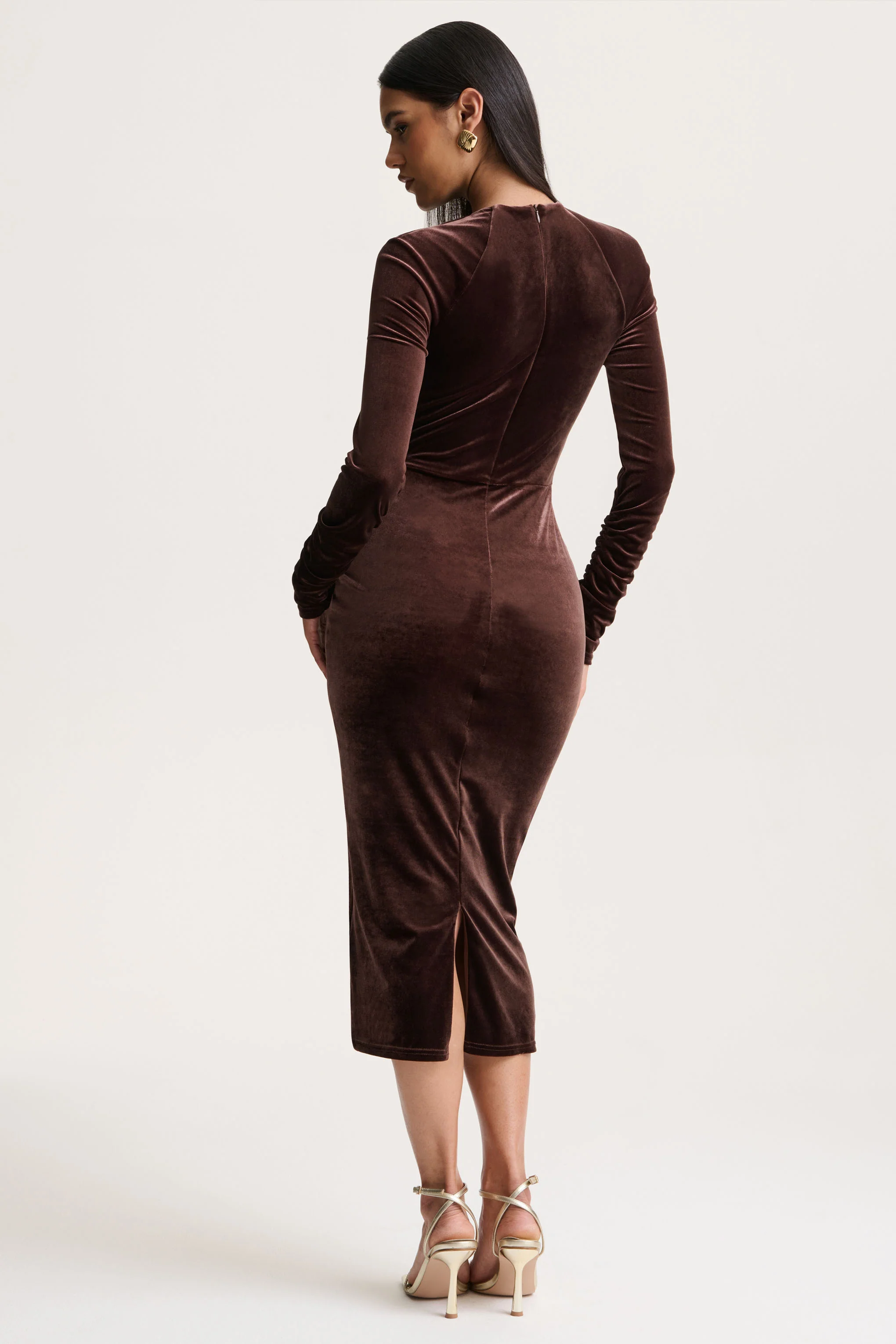 Francine | Brown Velvet Round-Neck Midi Dress With Cut-Out Details