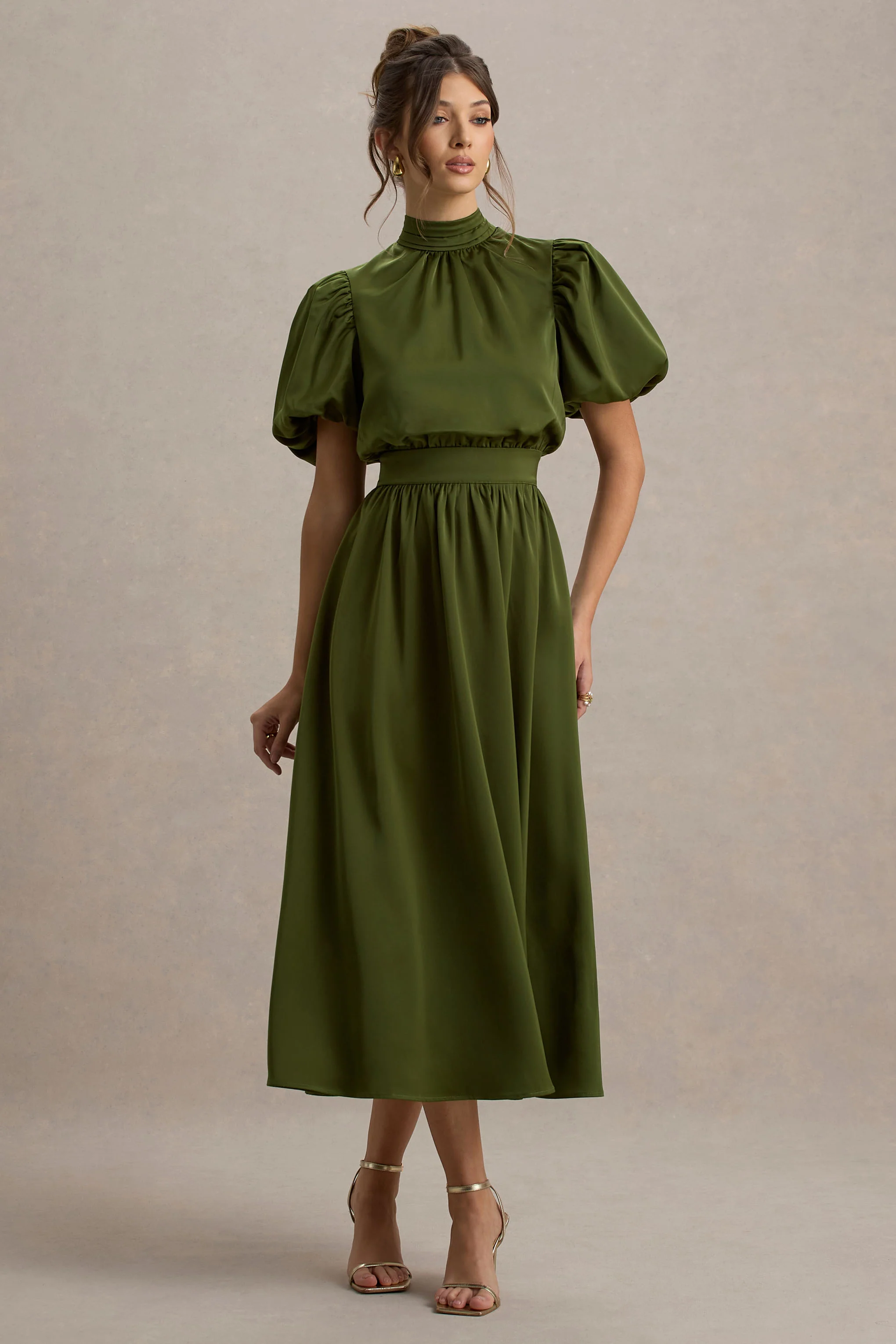 Persea | Olive Satin Puff-Sleeve Midi Dress With Bow