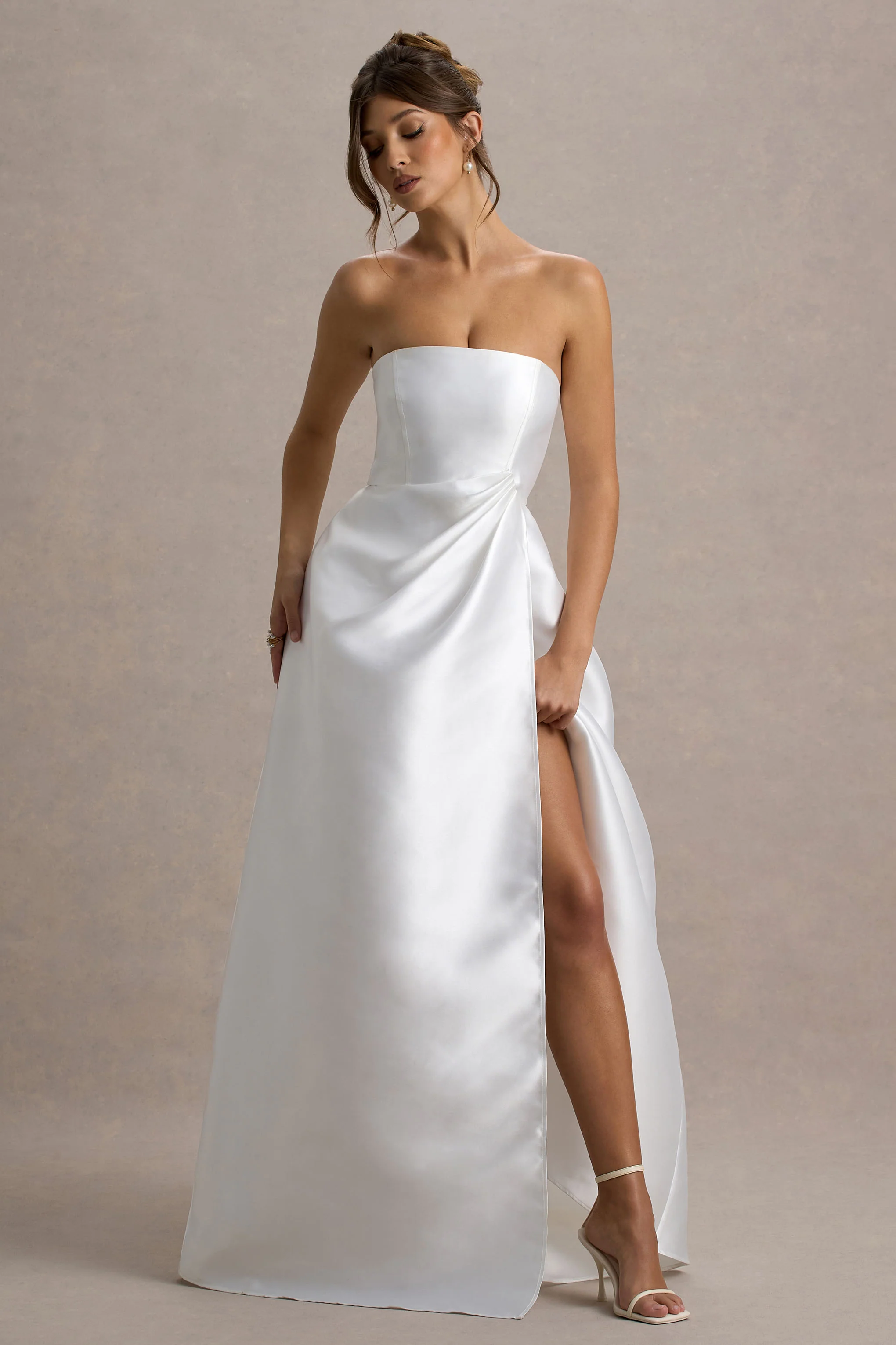 Universe | White Bandeau Split Puff-Skirt Maxi Dress