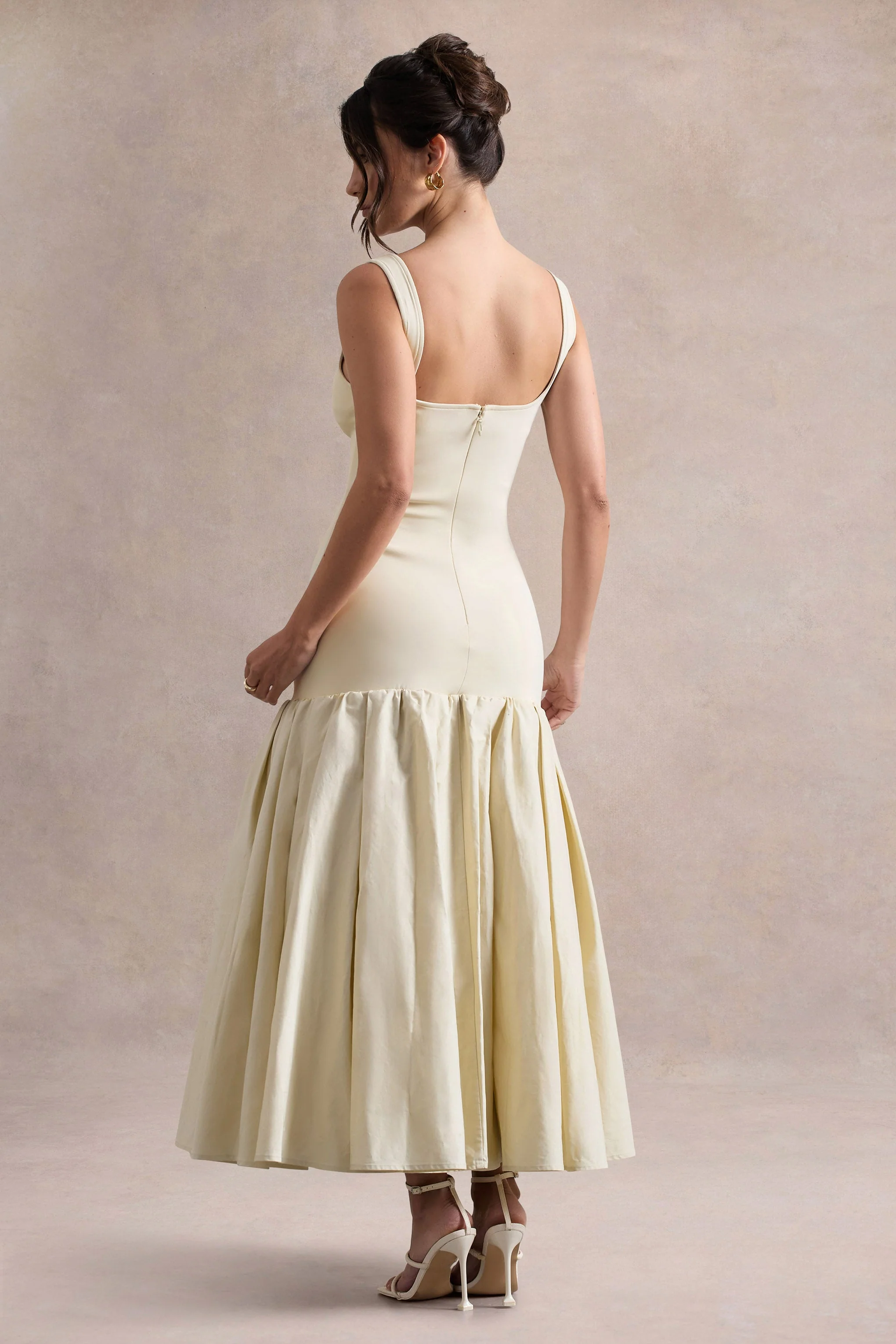 Parida | Cream Poplin Drop-Waist Midi Dress With Peplum Hem