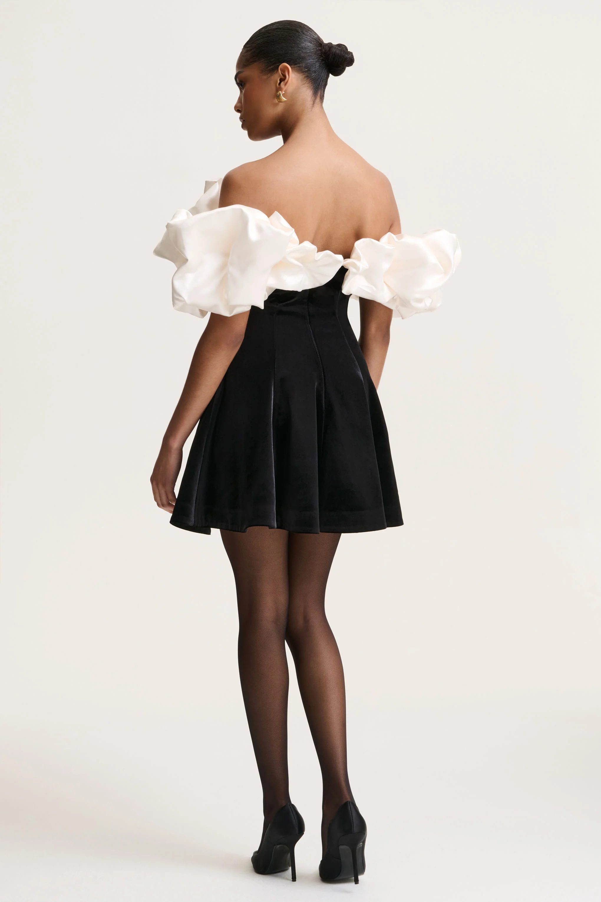 Brynne | Black & Cream Velvet Mini Dress With Satin Puff Sleeves