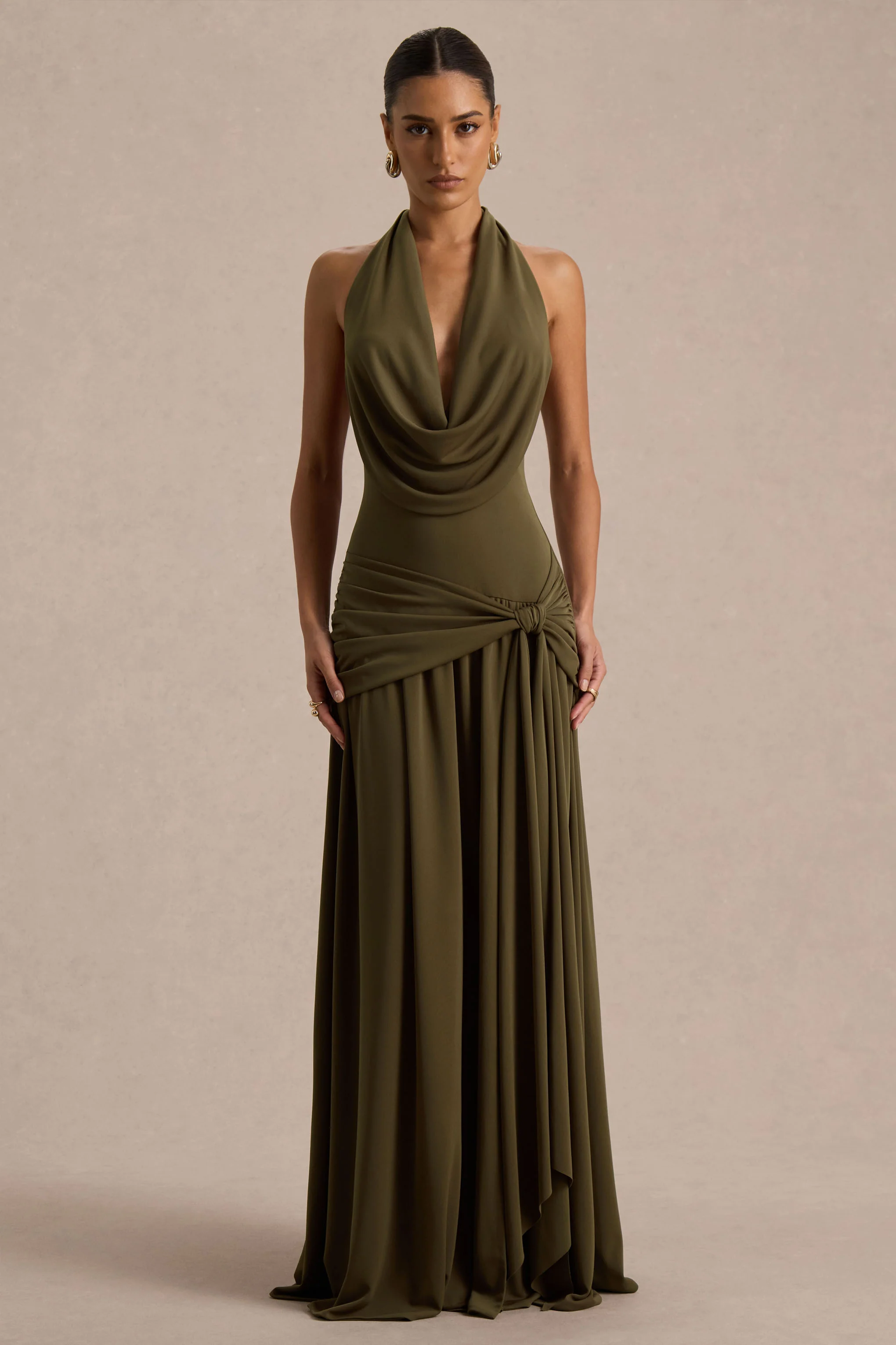 Mist | Olive Plunge-Neck Maxi Dress With Knot-Detail And Open-Back