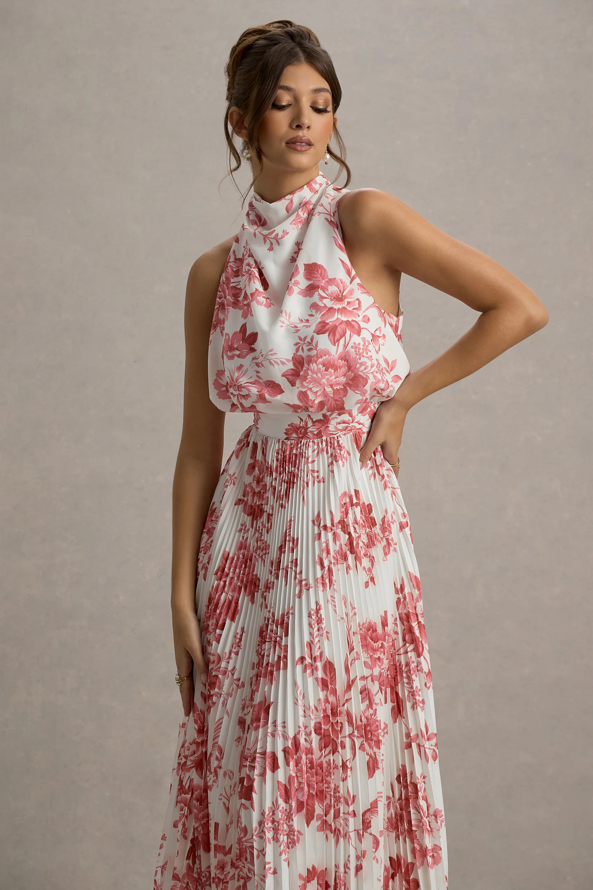 Nila | Pink Porcelain Print Cowl-Neck Midi Dress With Plisse Skirt