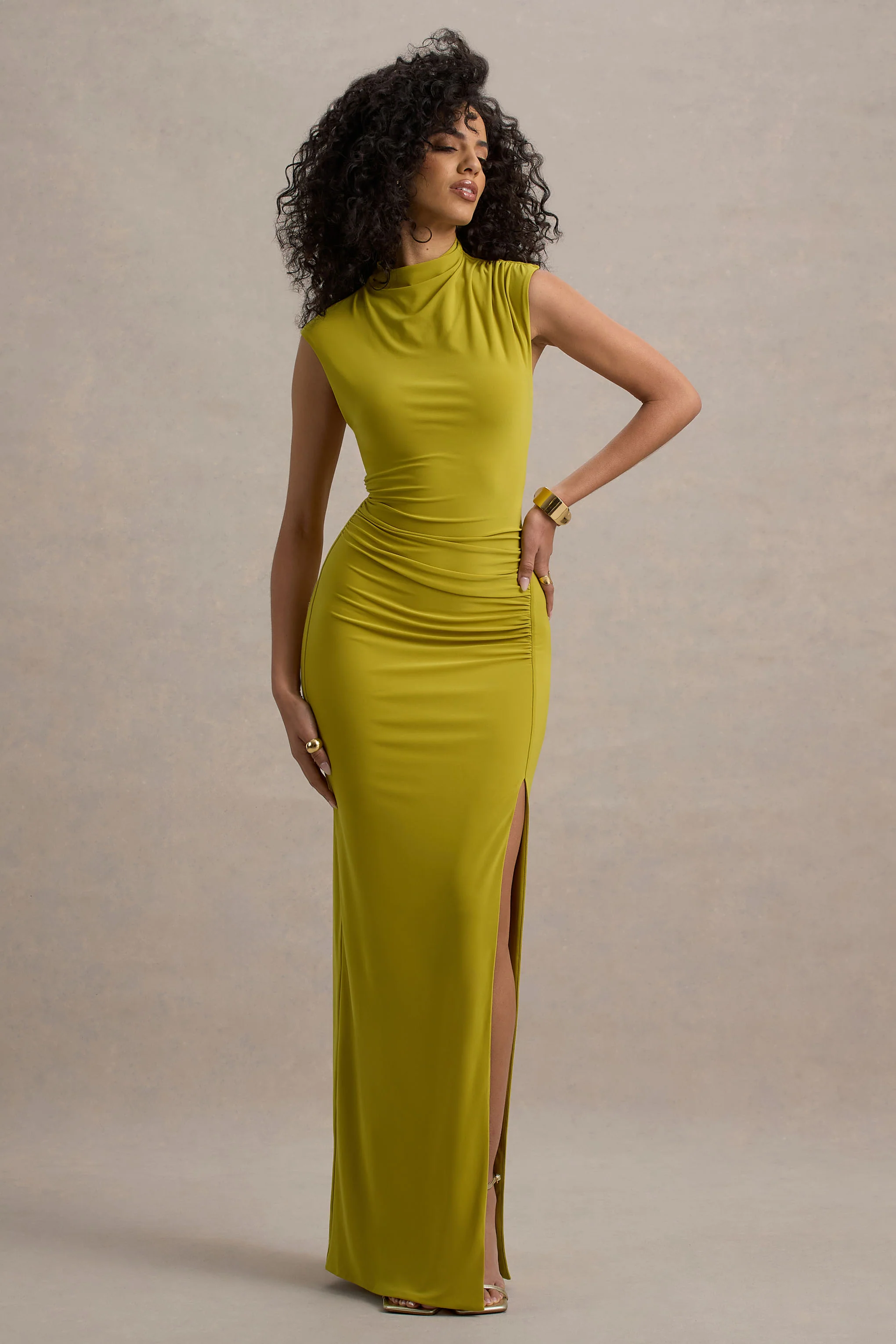 Lanetta | Green Ruched High-Neck Maxi Dress With Split