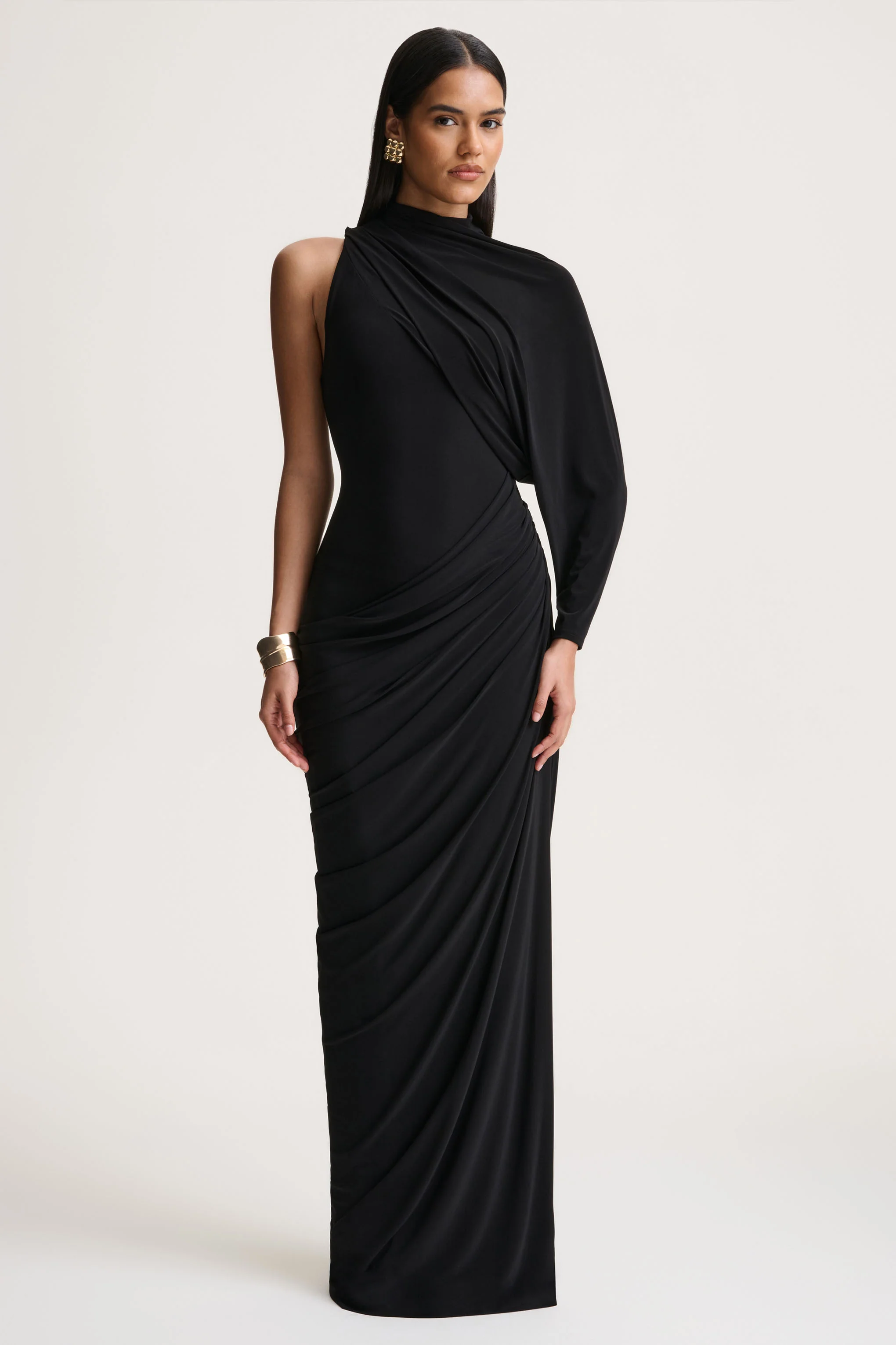 Aphra | Black High-Neck Maxi Dress With Cape-Sleeve