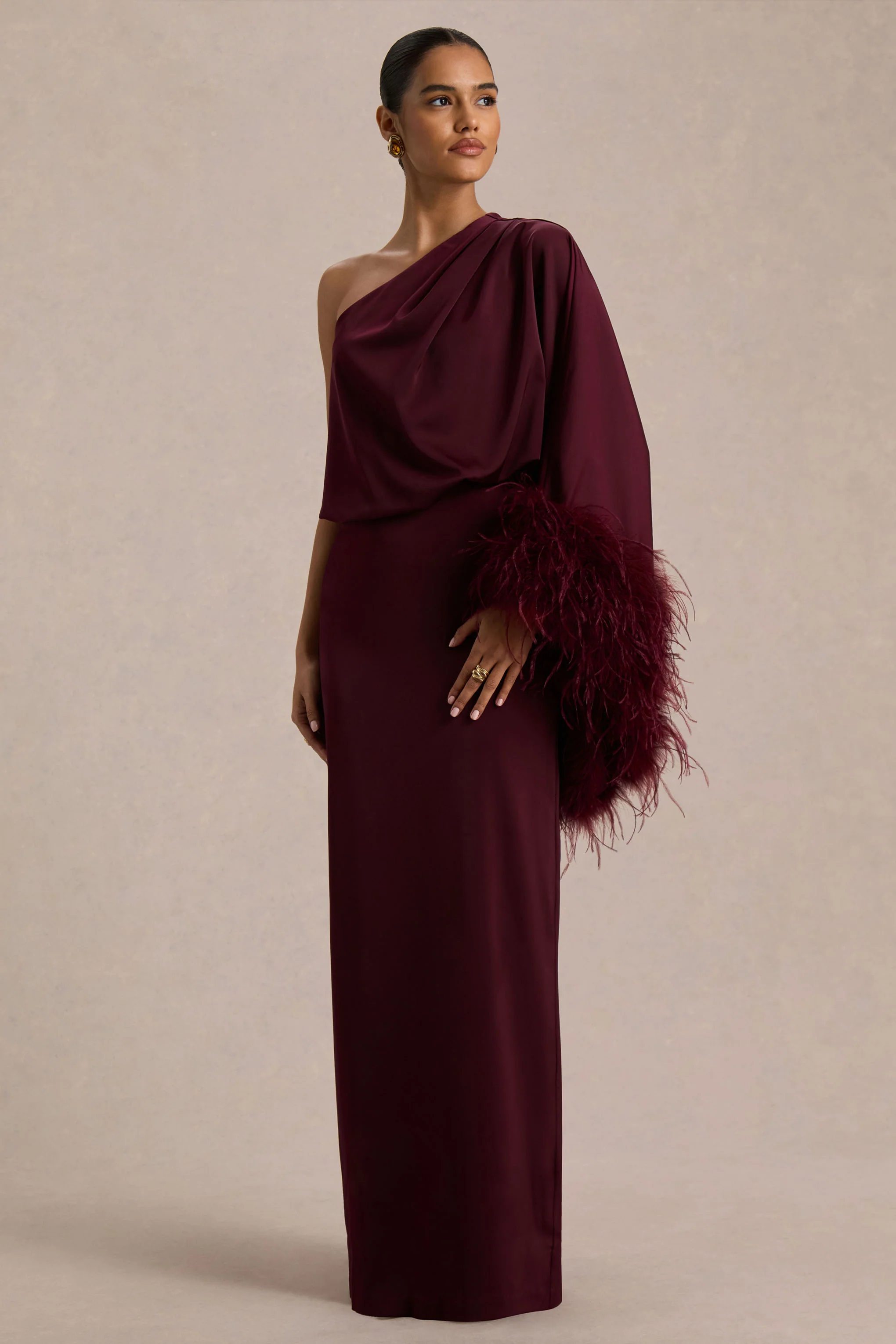Felicity | Burgundy Satin Asymmetric-Neck Maxi Dress With Feather Detailing