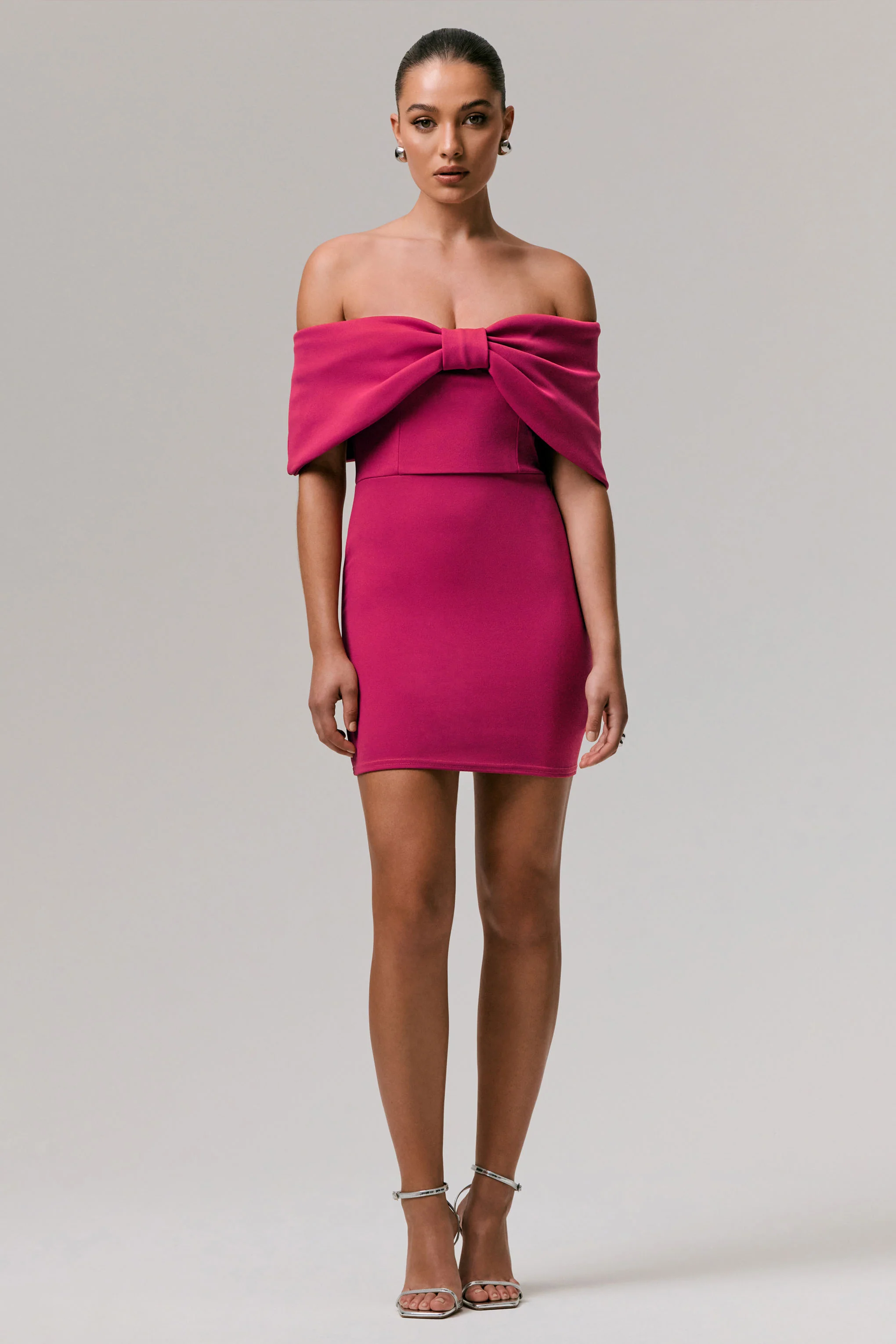 Sadie | Hot Pink Bow Bardot Mini Dress