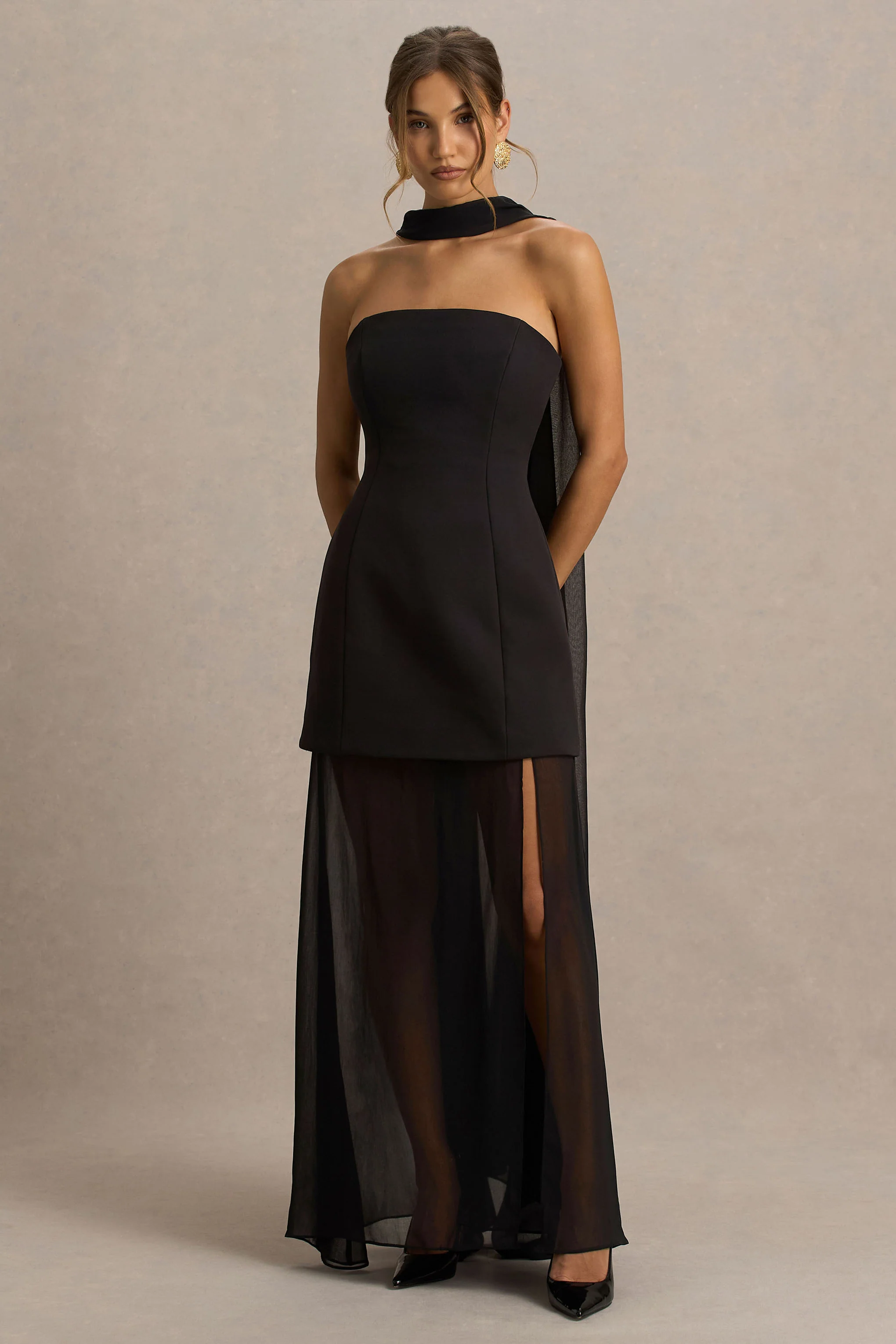 Chessa | Black Slashed-Neck Maxi Dress With Sheer Cape