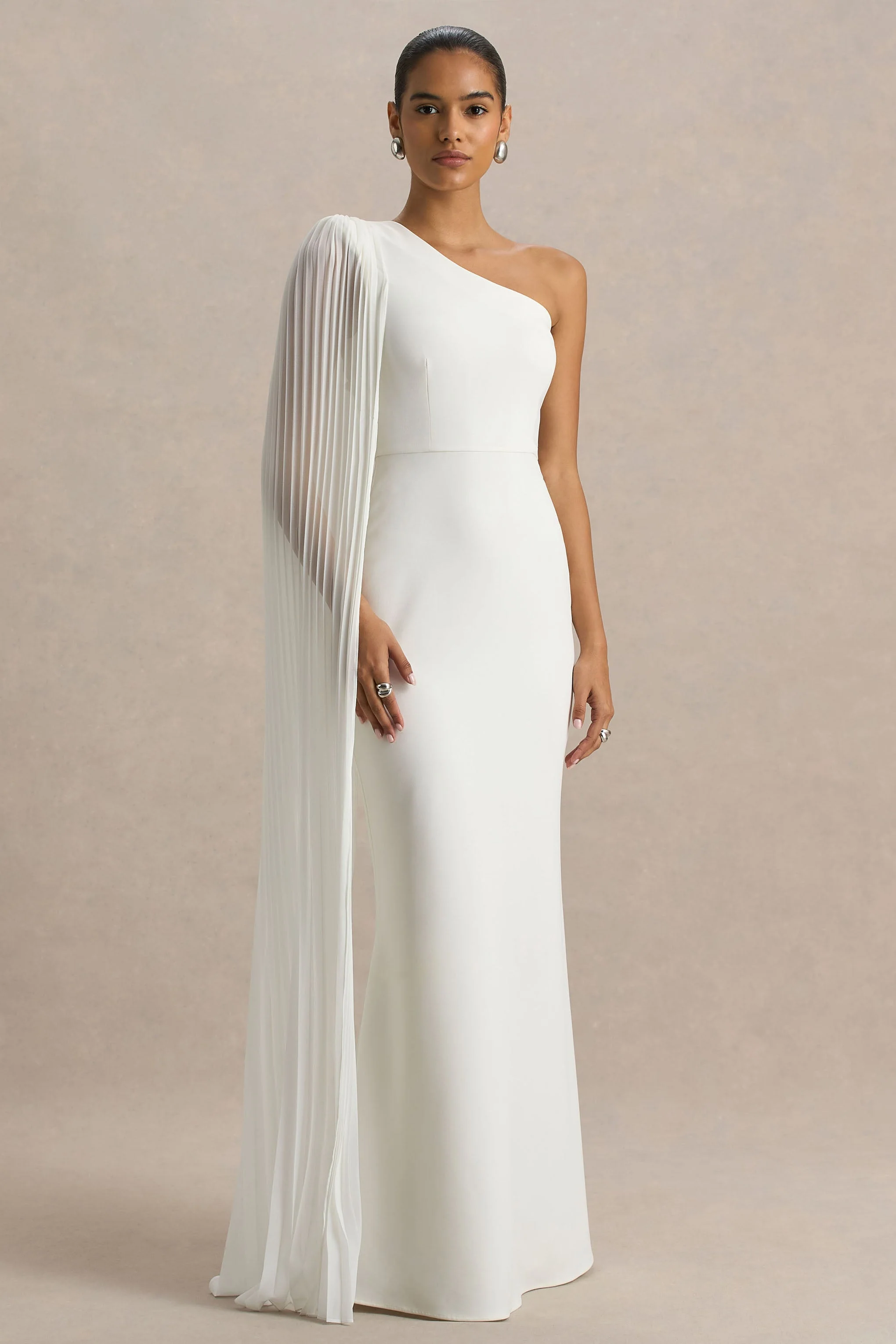 Athens | White Asymmetric-Neck Maxi Dress With Cape Sleeve Detail