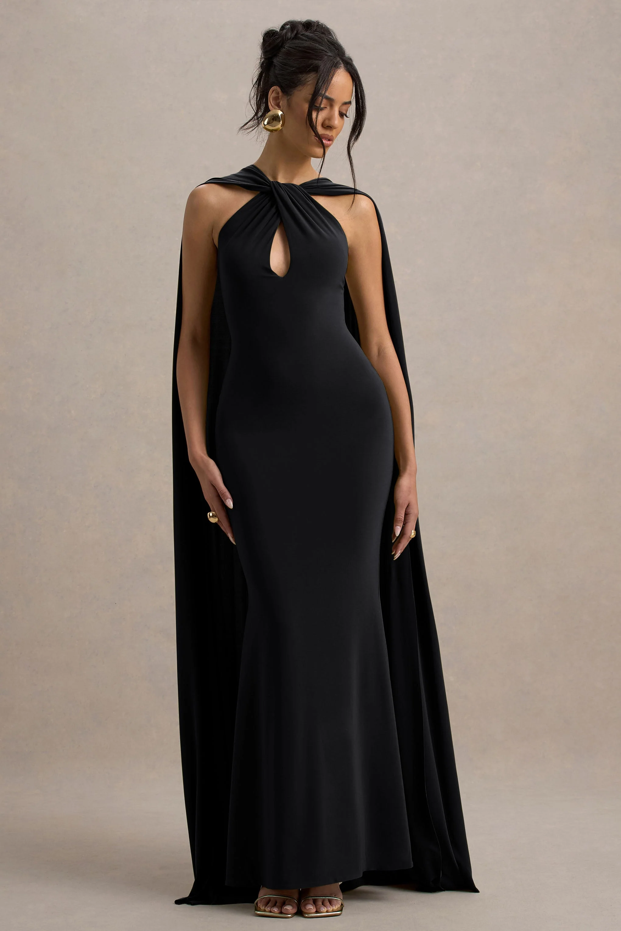 Rhoda | Black Twist Halter-Neck Cape Maxi Dress