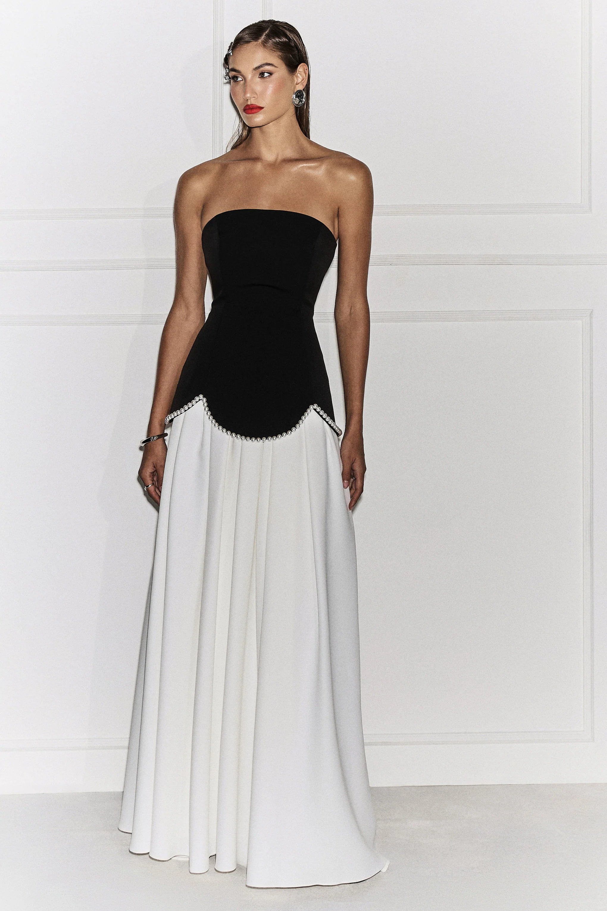Wendy | Black And White Maxi Dress With Drop-Waist And Pearl Embellishment