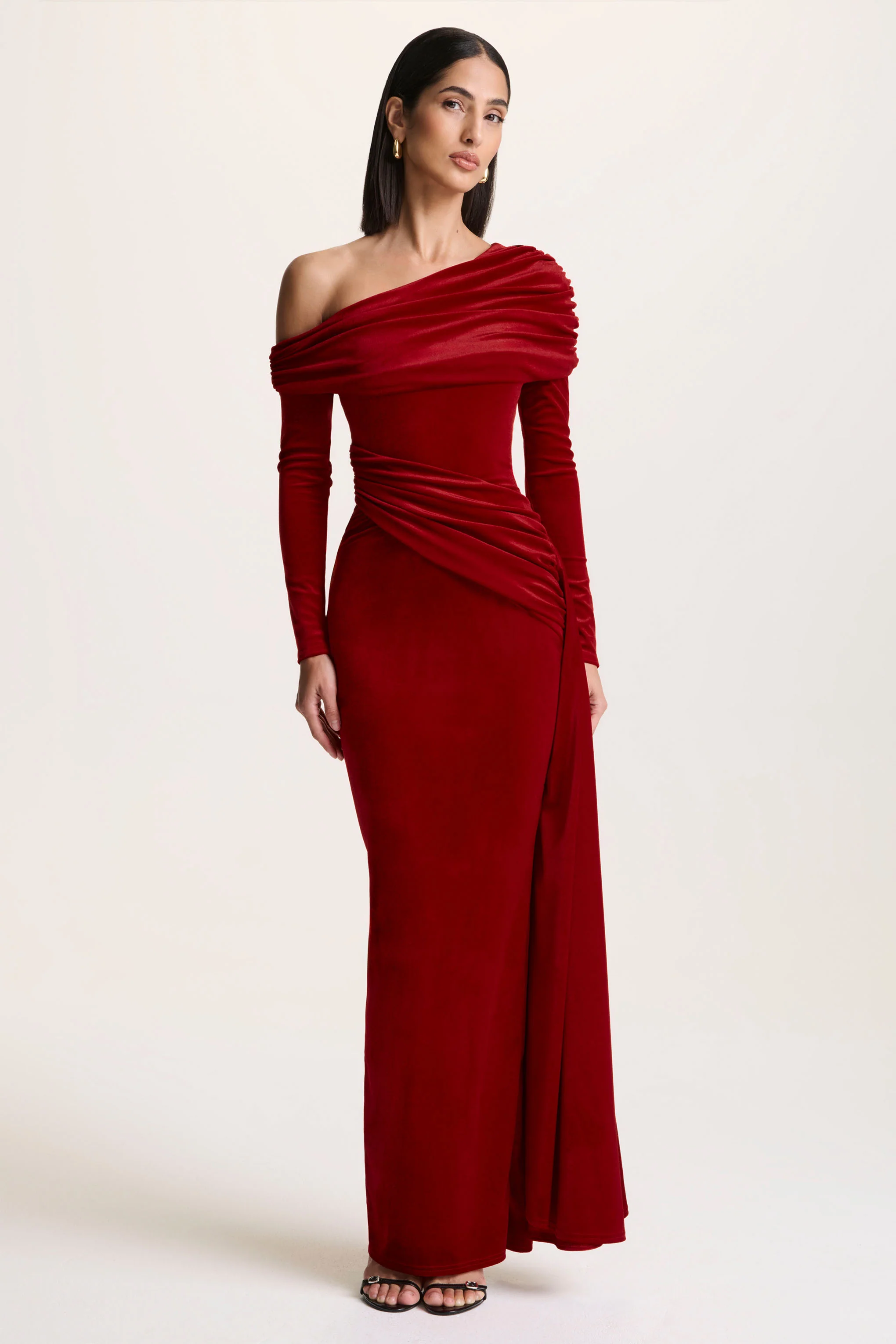 Hadria | Red Velvet Asymmetric-Neck Maxi Dress With Sash-Detail