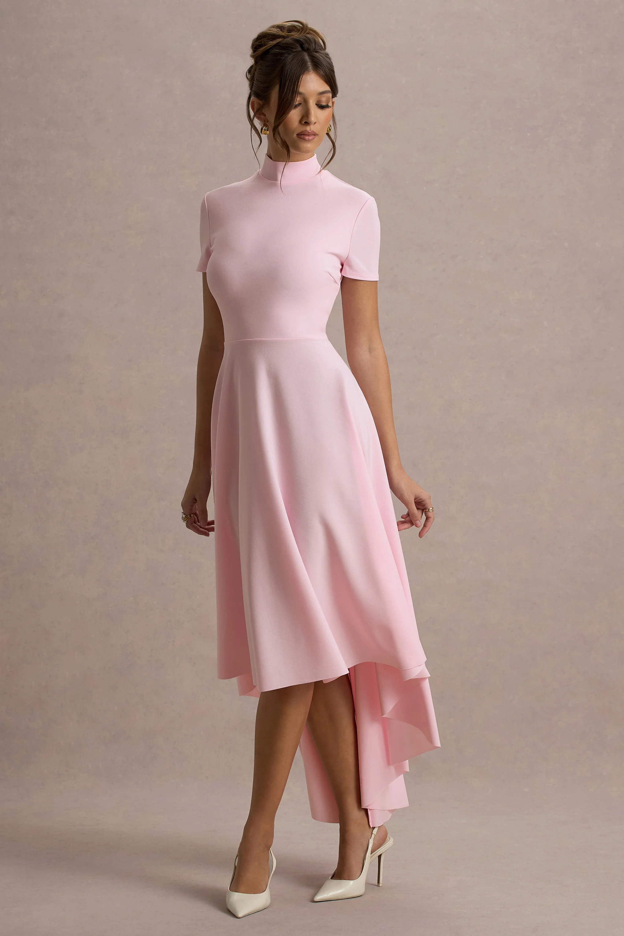 Bellona | Pink High-Neck High-Low Midi Dress
