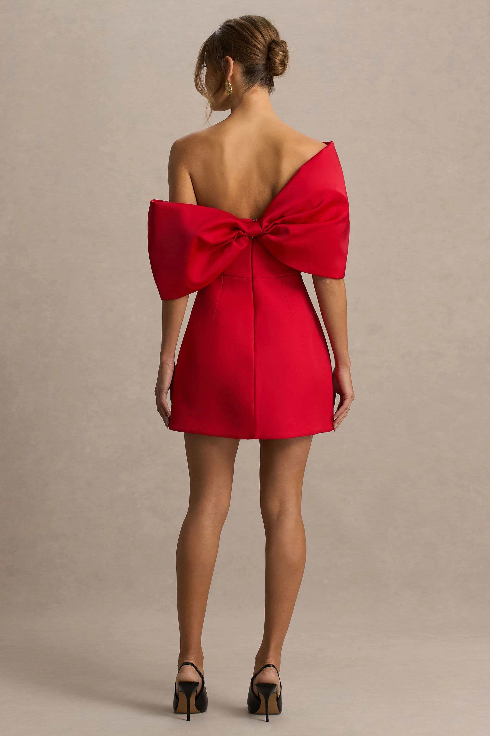 Tindra | Red Bandeau-Neck Mini Dress With Bow Sleeves
