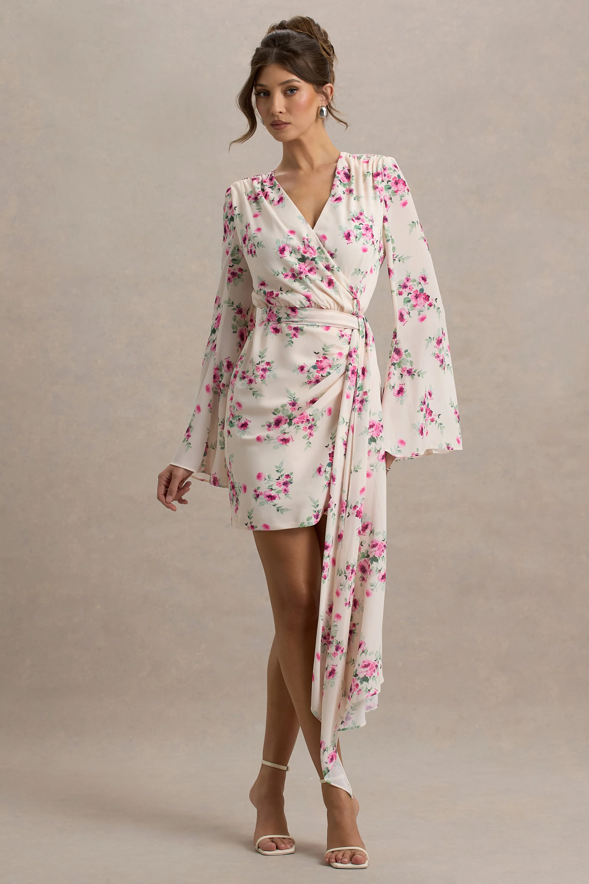 Goldie | Cream Floral Print Chiffon Long-Sleeve Wrap Mini Dress