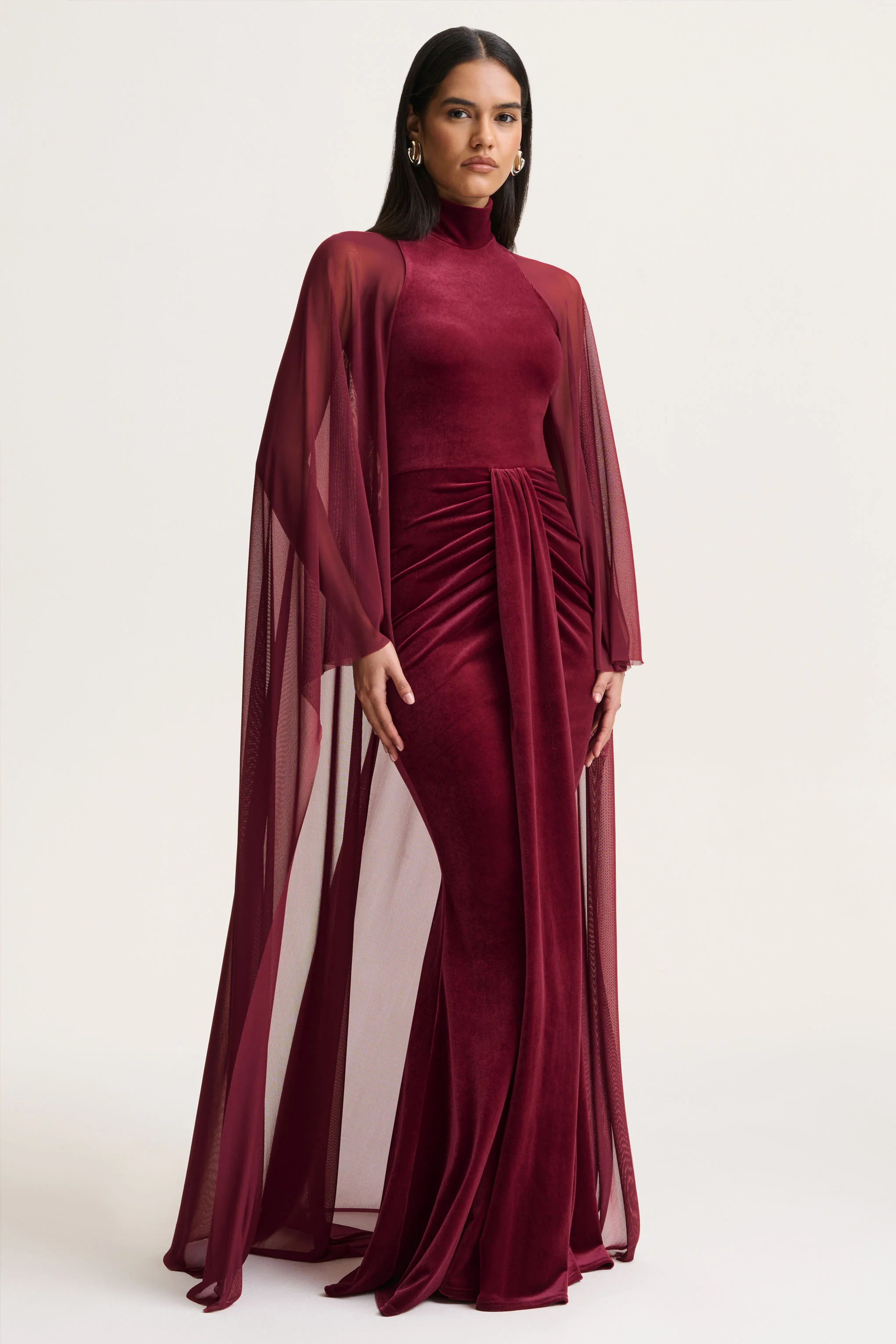 Adoring | Burgundy Velvet High-Neck Maxi Dress With Cape