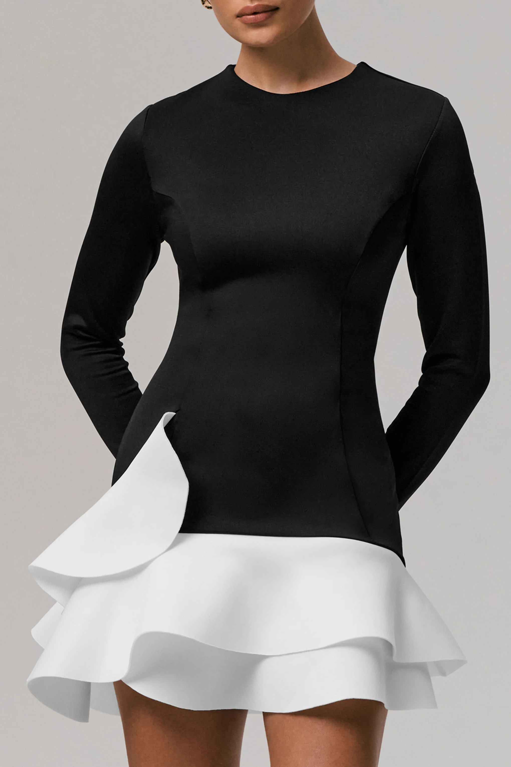 Lucinda | Black & White Long-Sleeve Mini Dress With Ruffle Hem