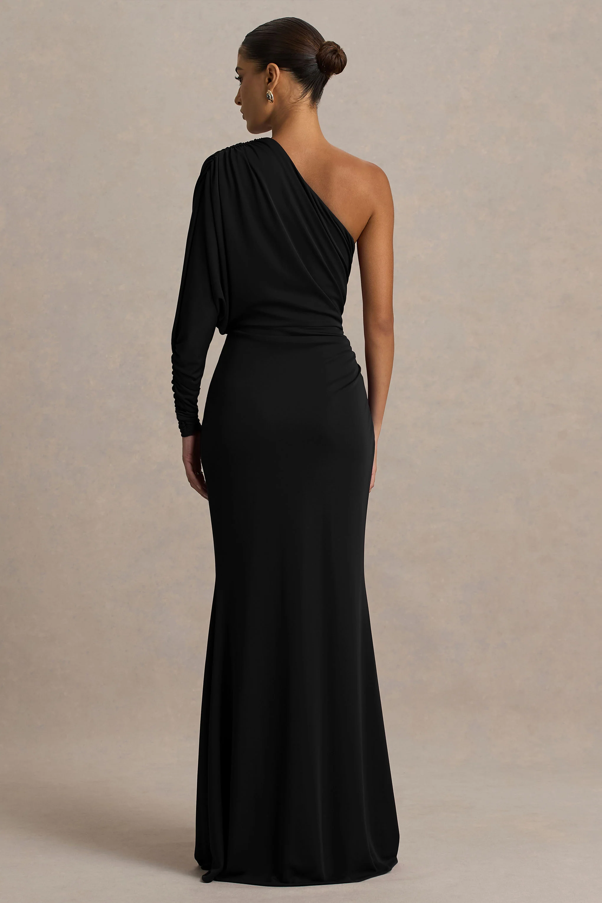 Lola | Black Asymmetric-Neck Maxi Dress With Ruched Detailing And Front High-Split