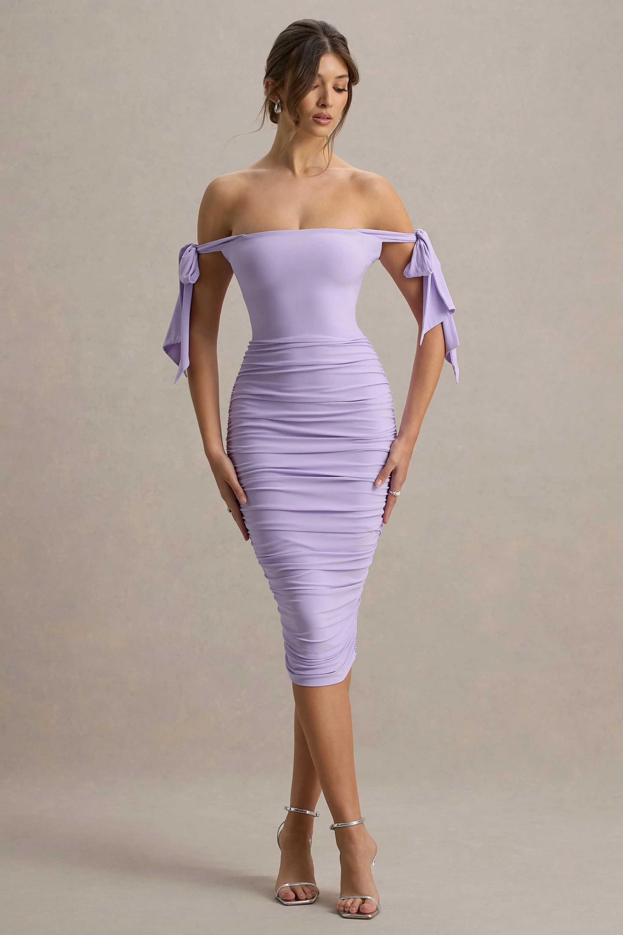 Citrus | Lilac Bardot Bodycon Midi Dress With Bow Sleeves