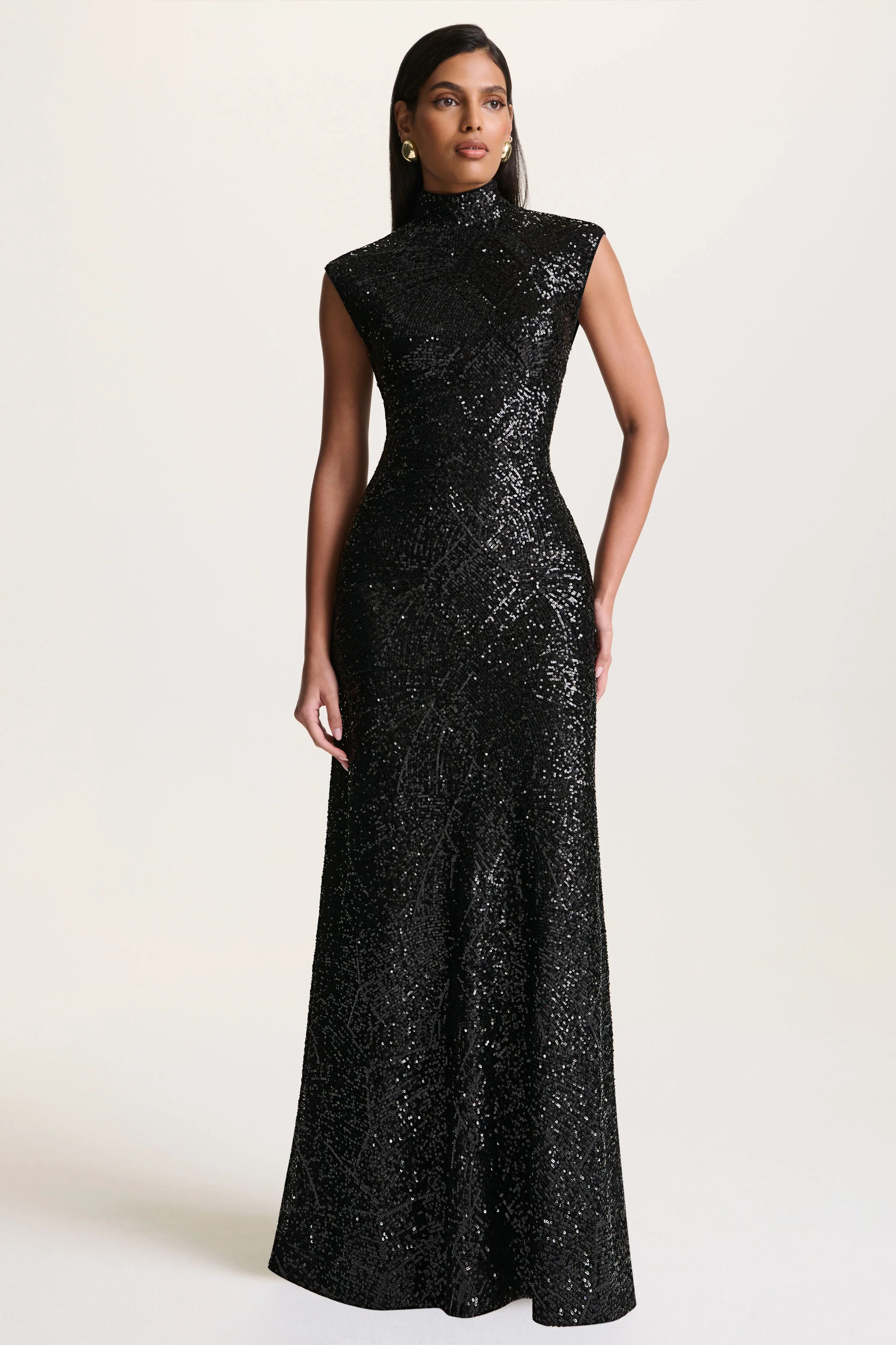 Cecy | Black Sequin High-Neck Maxi Dress With Cap Sleeves