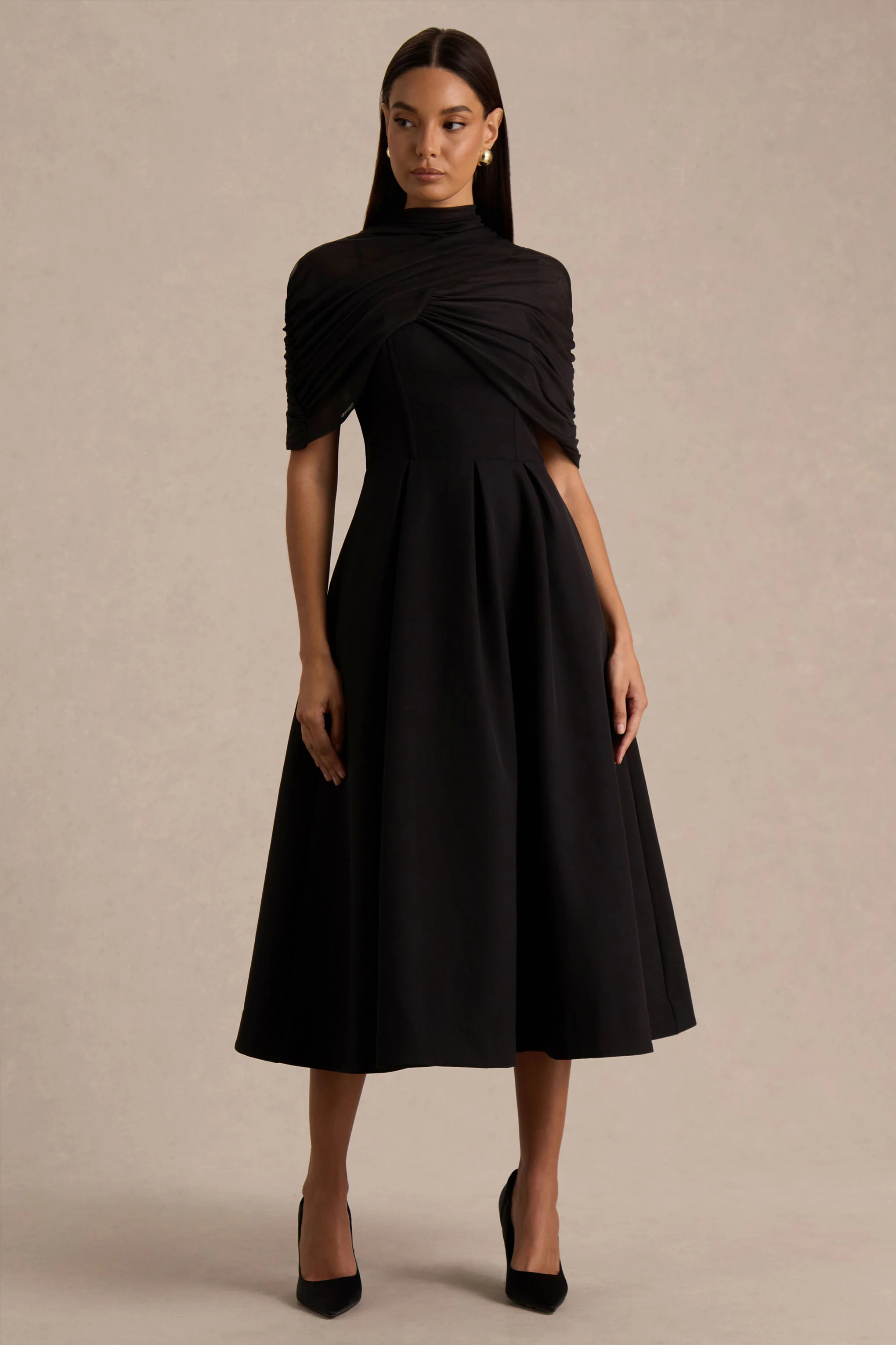 Thalia | Black High-Neck Midi Dress With Sheer Mesh Cape