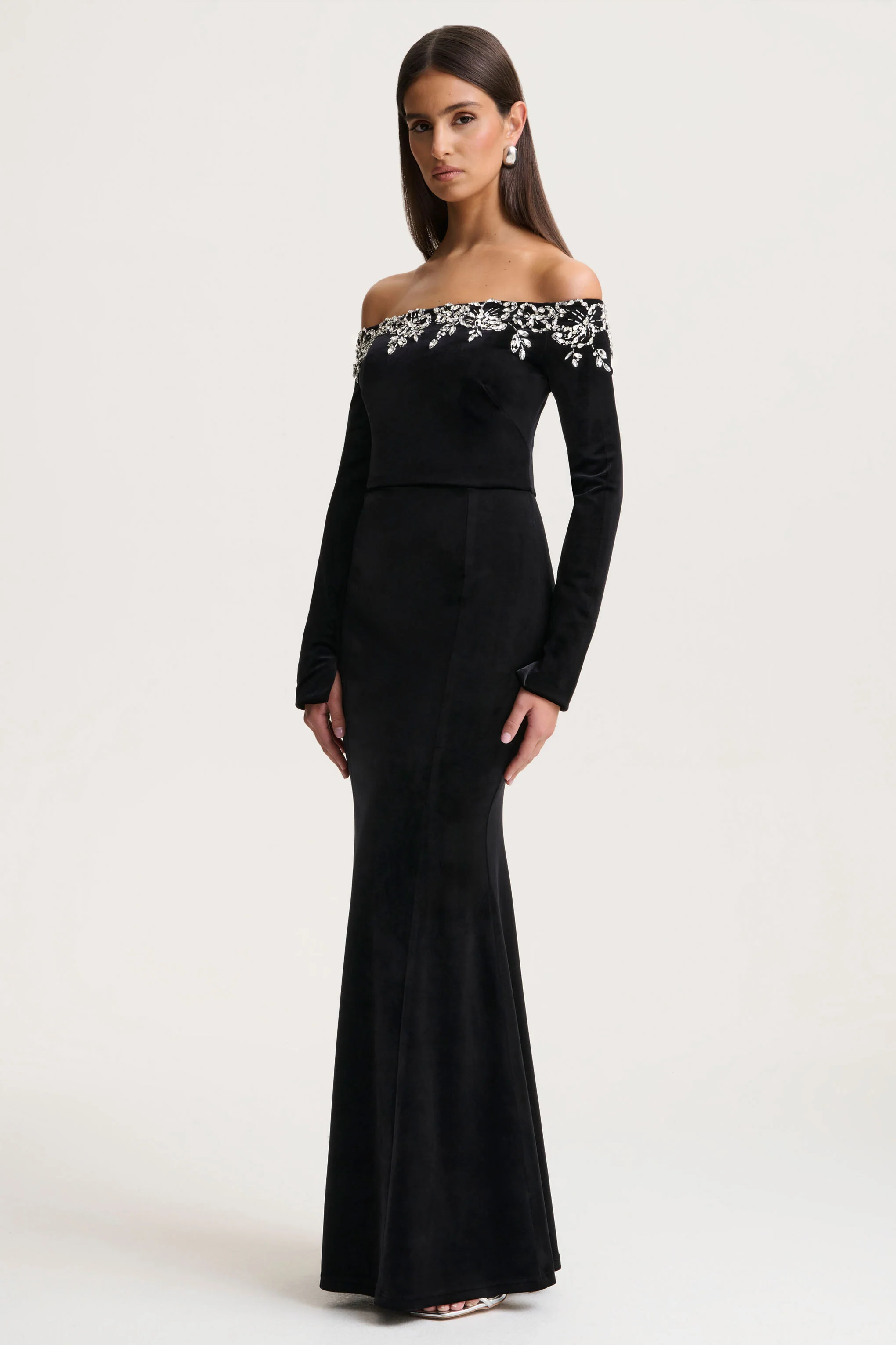 Fern | Black Velvet Embellished Bardot-Neck Maxi Dress