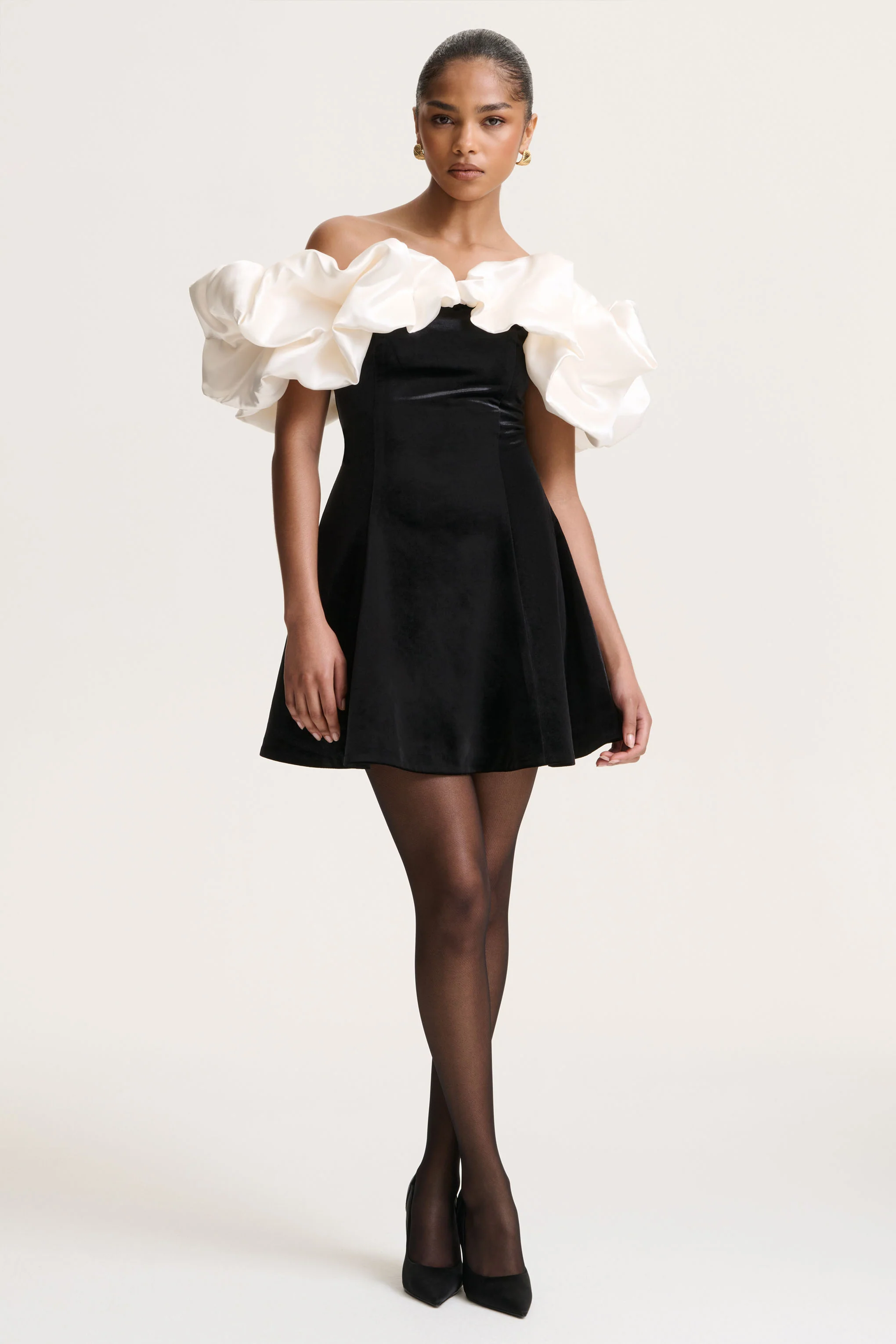 Brynne | Black & Cream Velvet Mini Dress With Satin Puff Sleeves