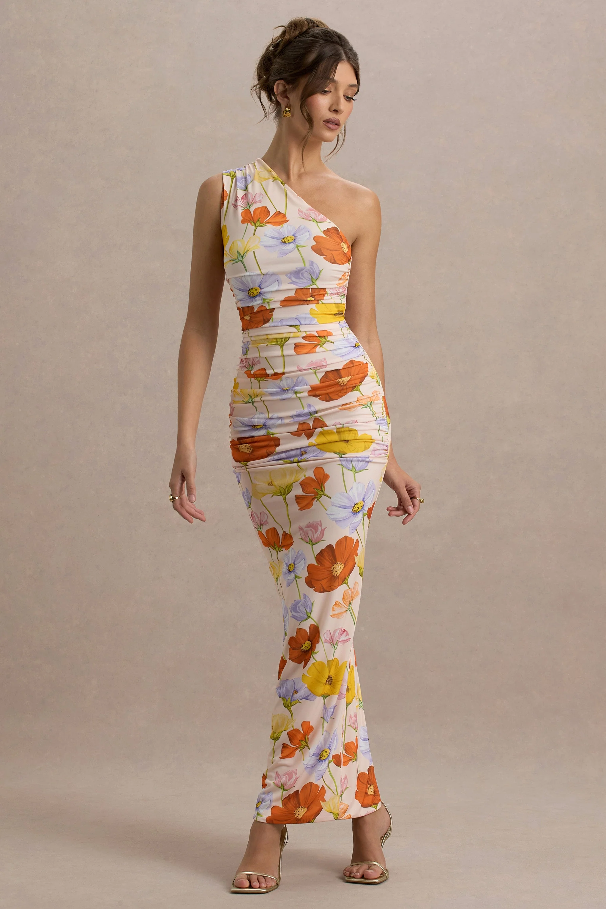 Dalarie | Bright Floral Print One-Shoulder Gathered Maxi Dress