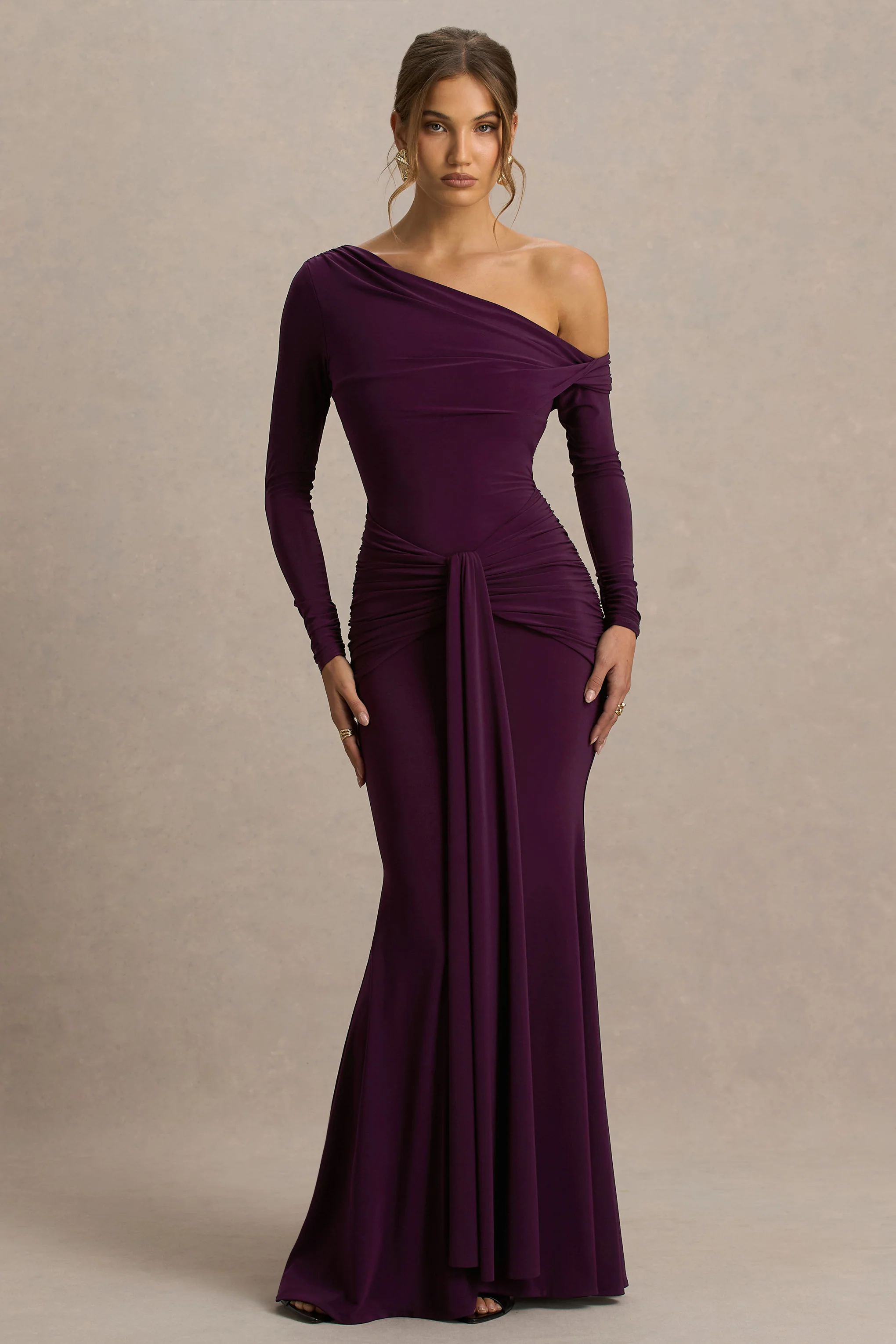 Clover | Burgundy Asymmetric-Neck Wrapped Maxi Dress With Sash