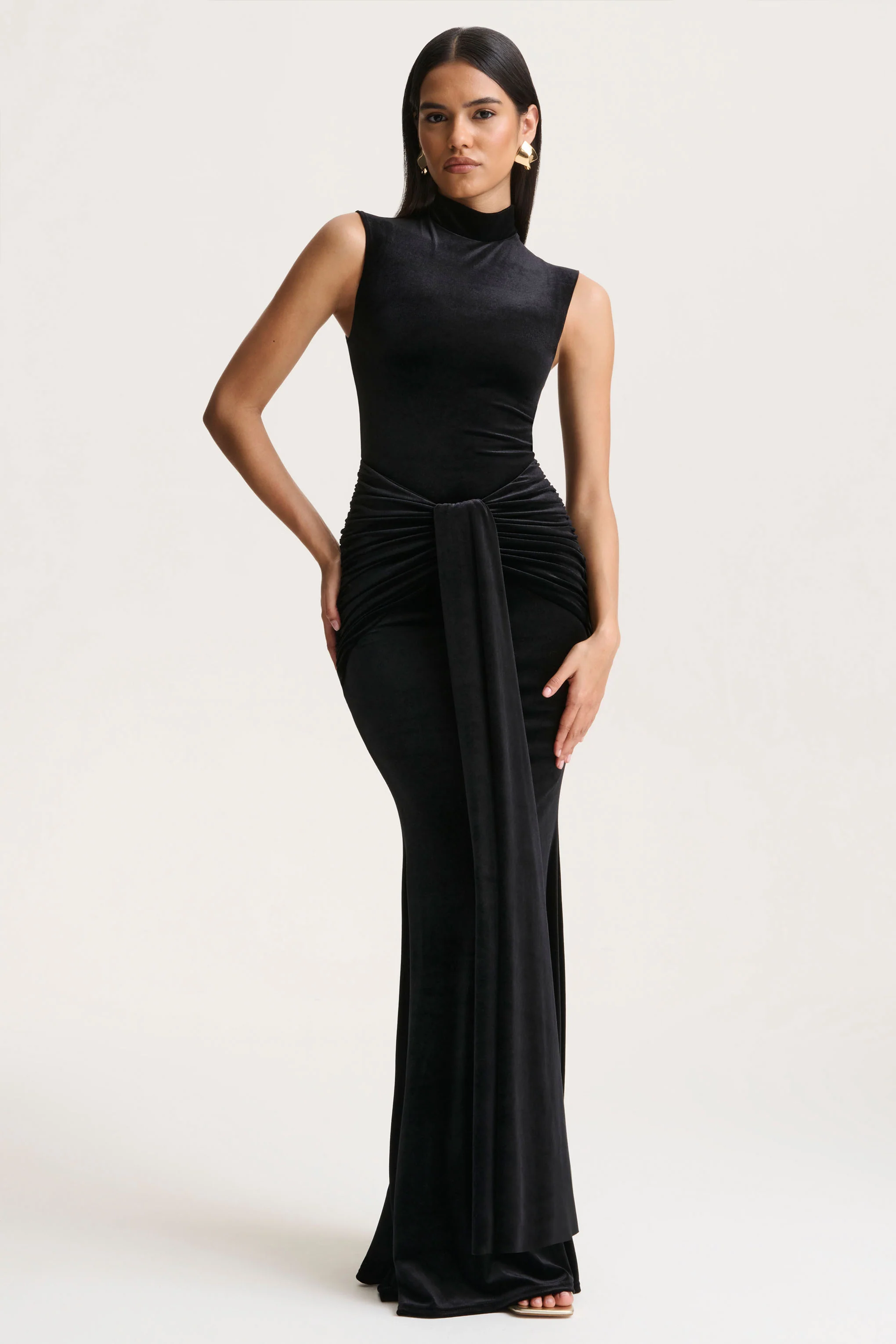 Idalina | Black Velvet High-Neck Maxi Dress With Gathered-Detailing