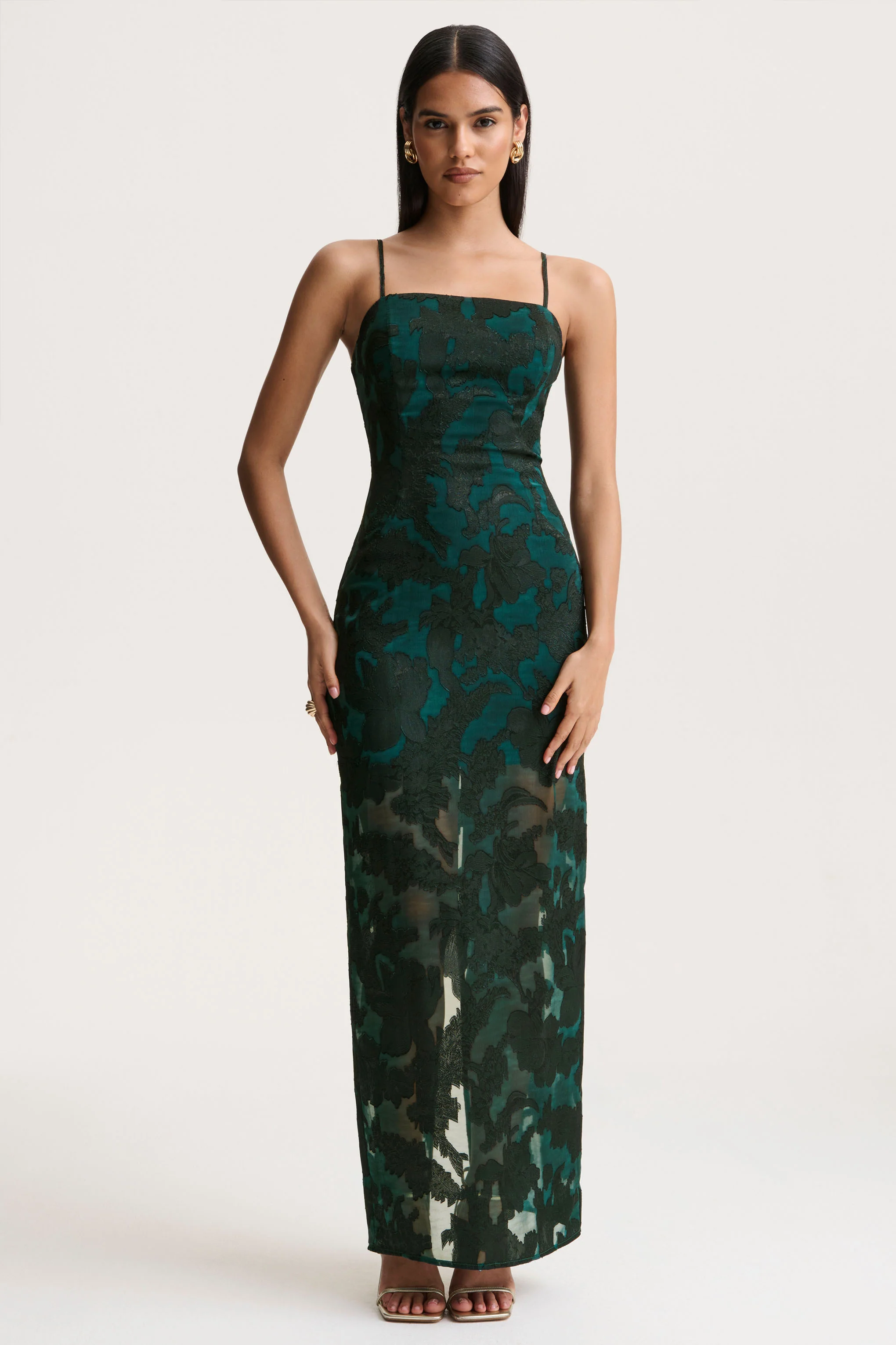 Hada | Dark Green Satin Devore Square-Neck Maxi Dress With Removable Twisted-Cape