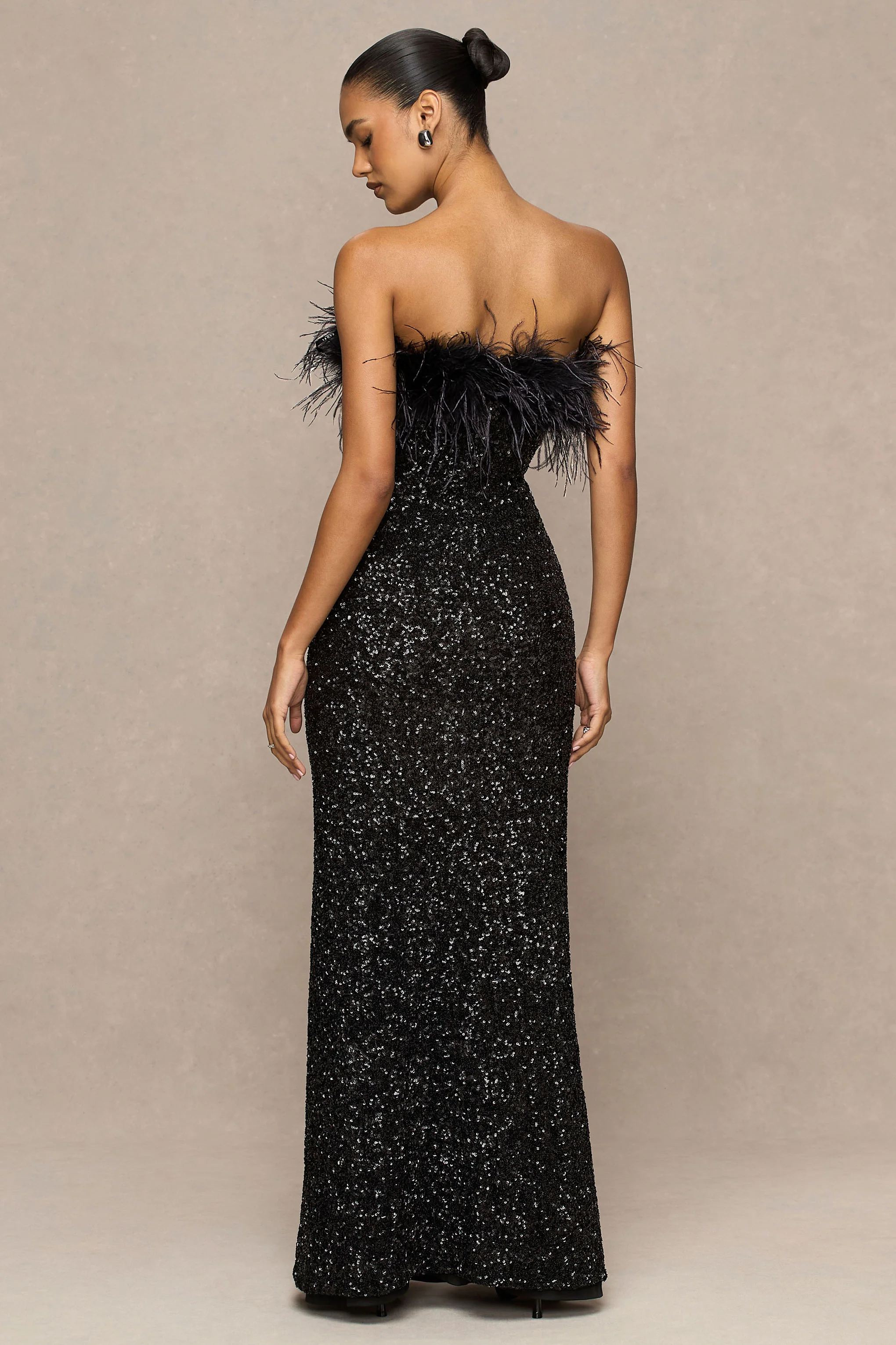 Daze | Black Sequin Bandeau Maxi Dress With Feather-Trim