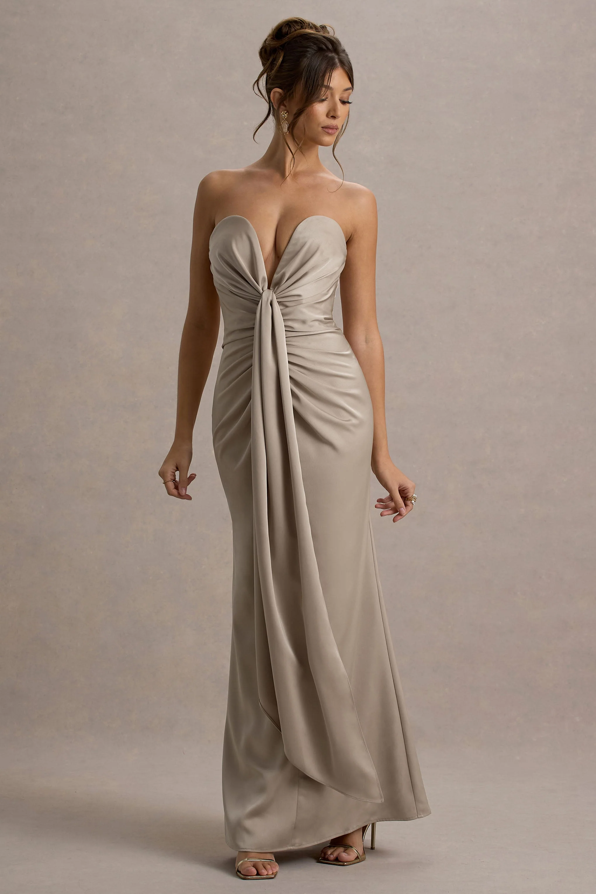 Mackenzie | Champagne Satin Plunge-Neck Draped Maxi Dress
