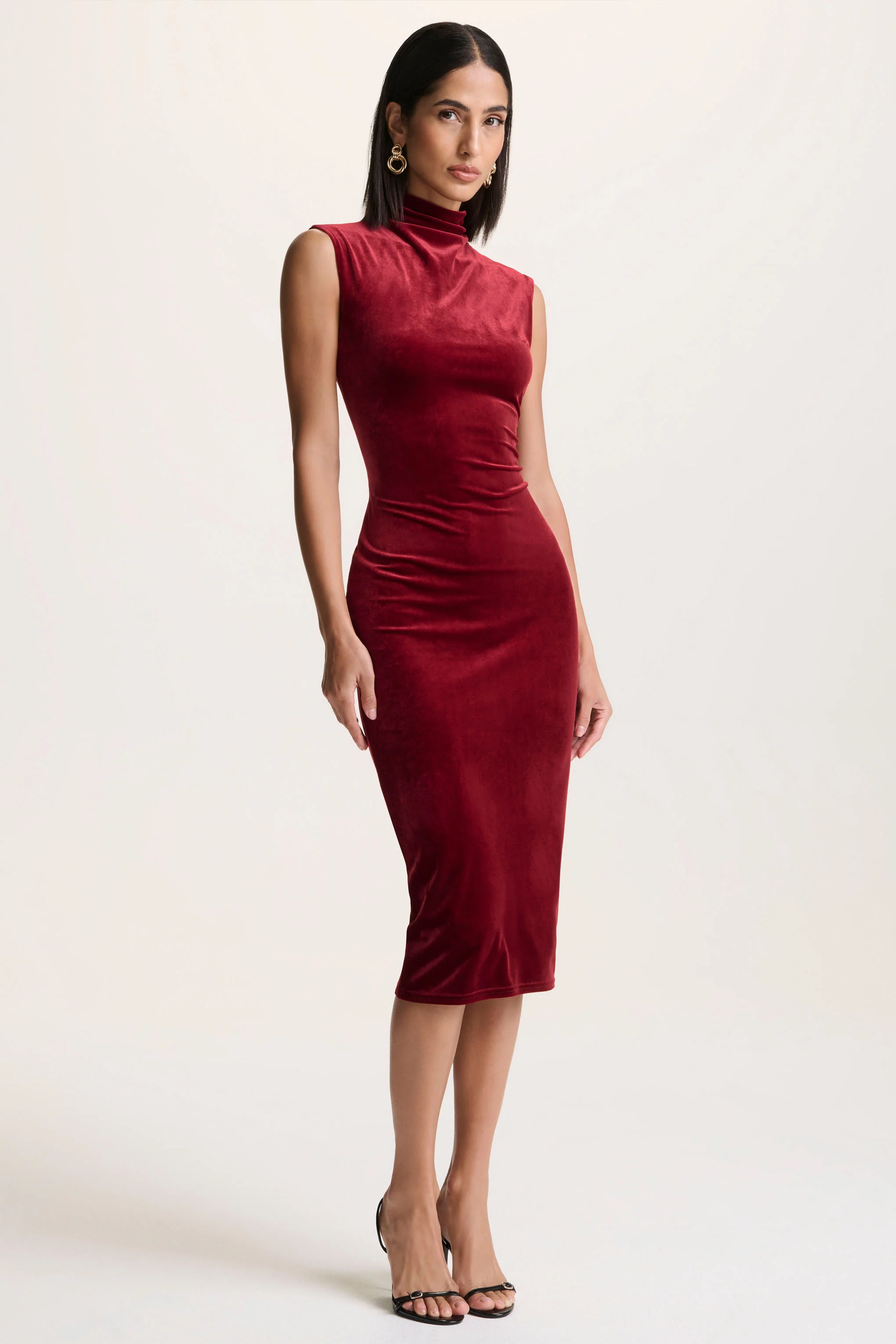 Nivina | Red Velvet High-Neck Midi Dress With Cap-Sleeves
