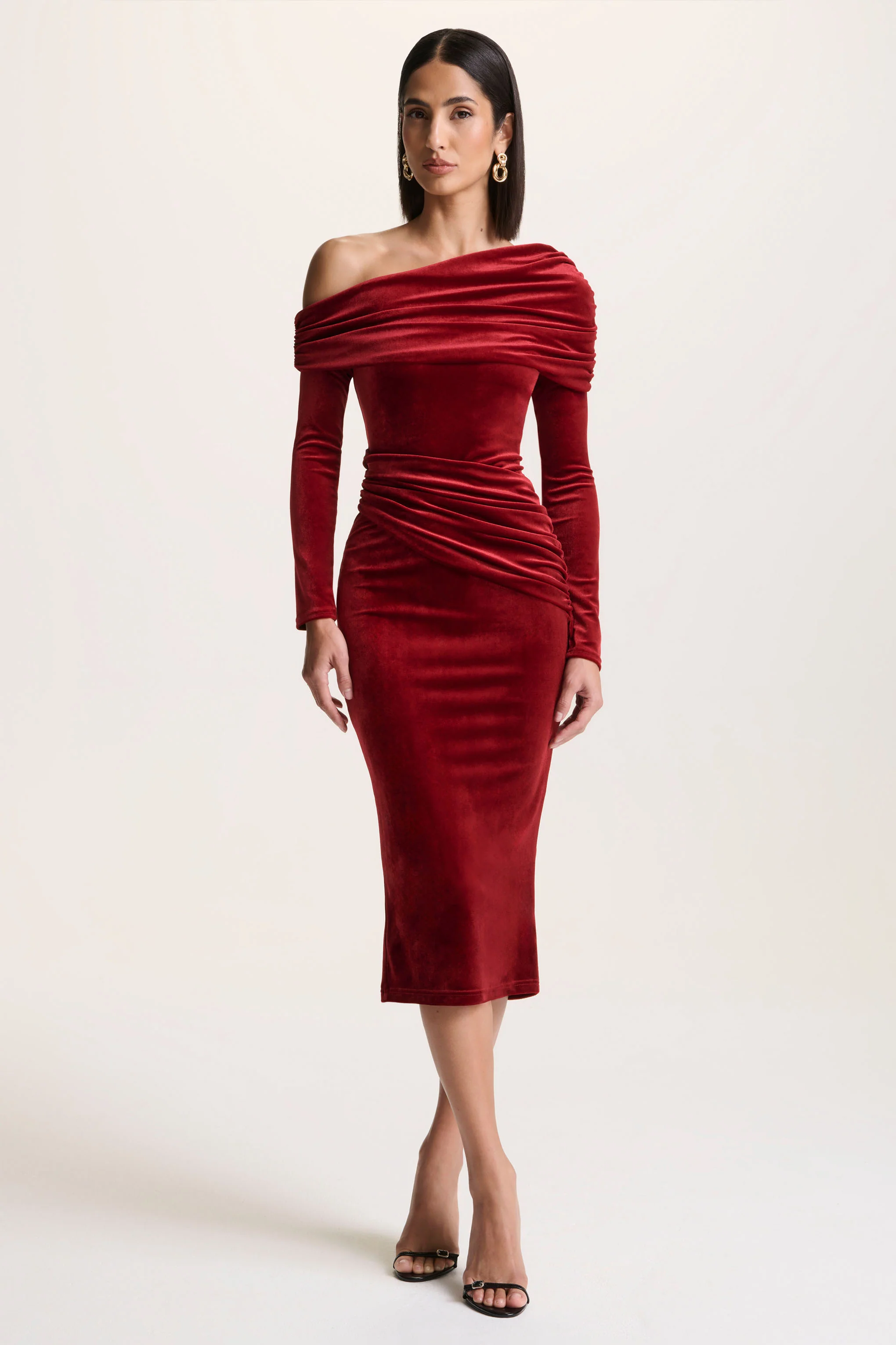 Eirene |  Red Velvet Asymmetric-Neck Midi Dress