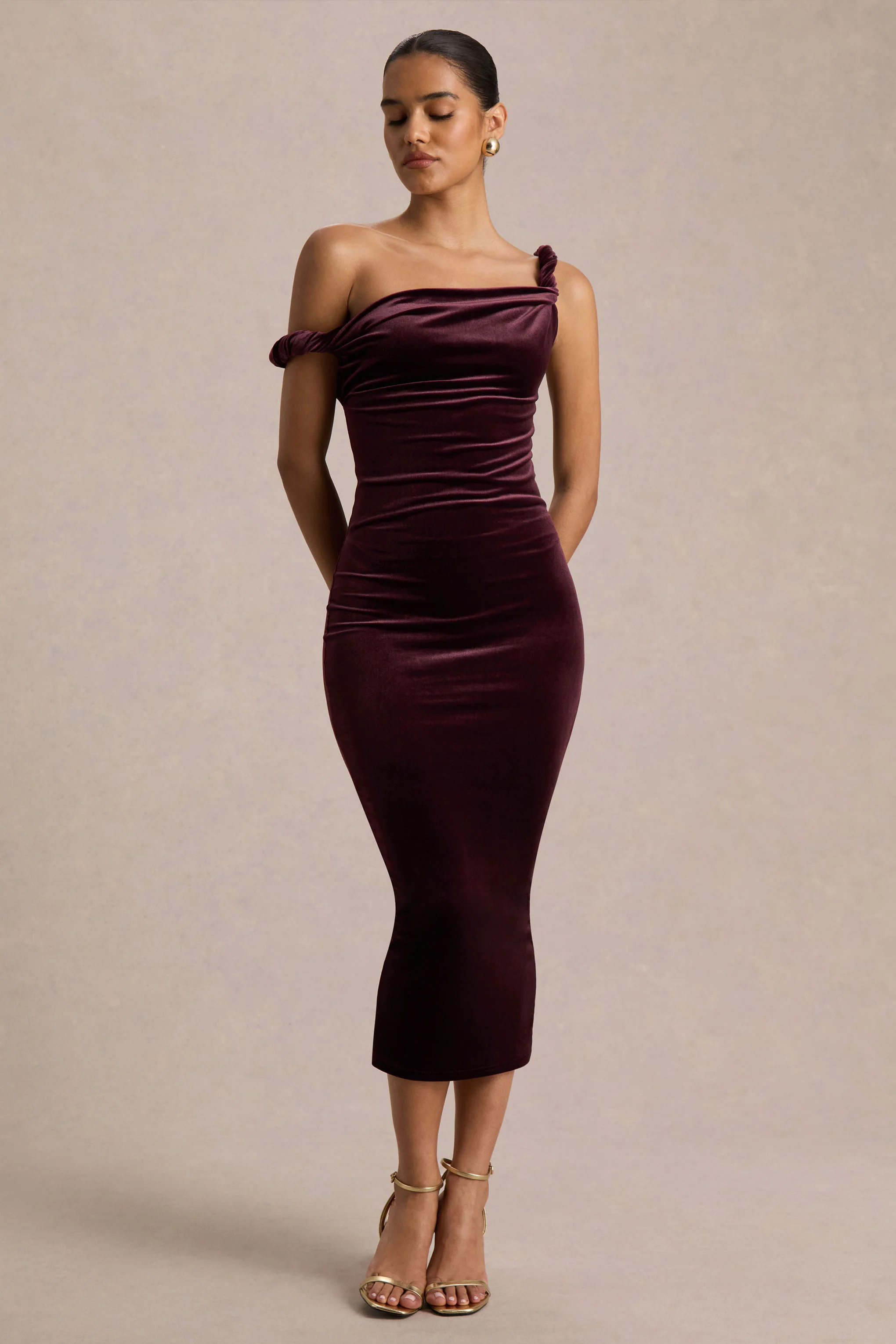 Carella | Burgundy Velvet Twisted Asymmetric Midi Dress
