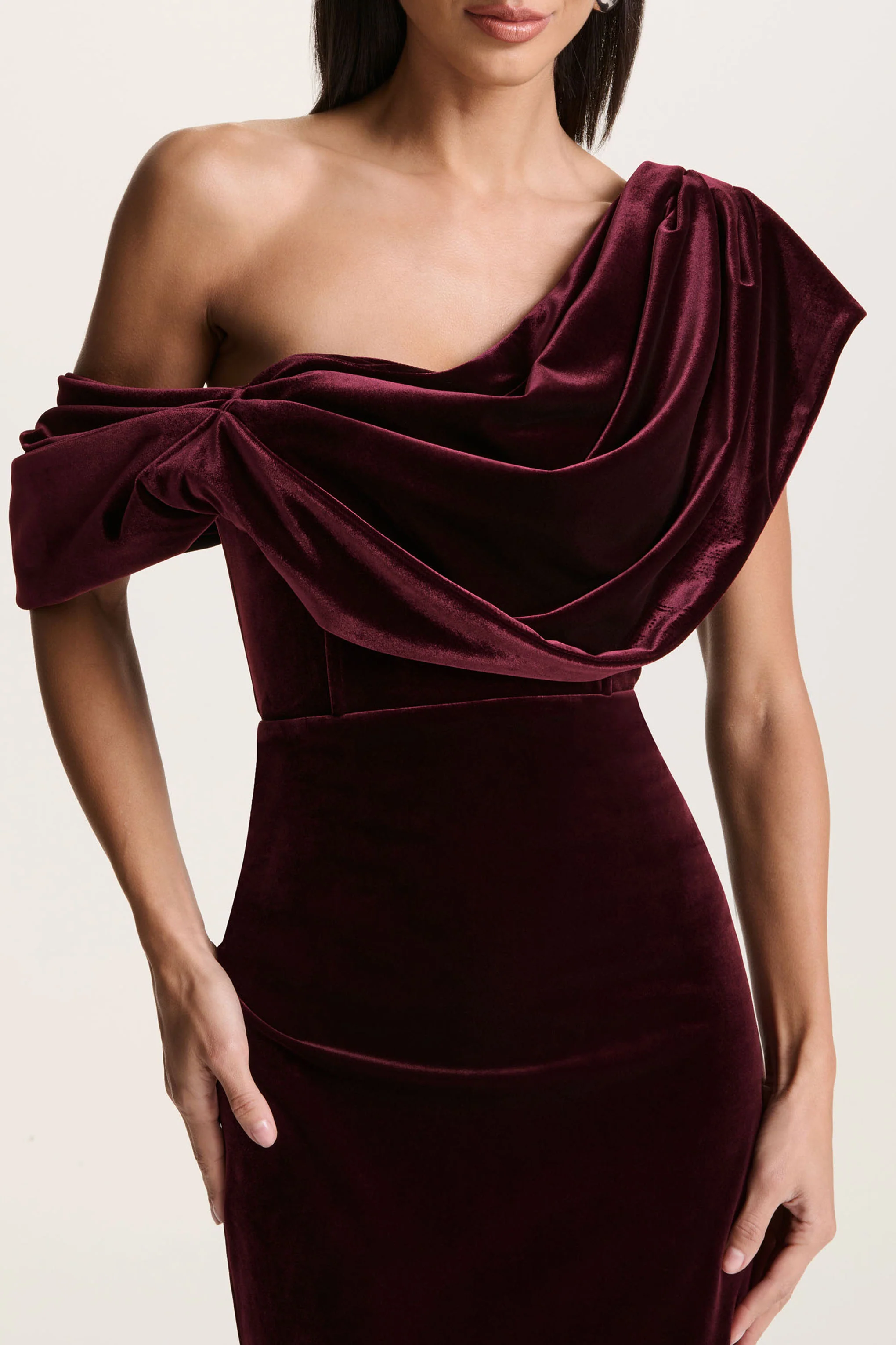 High End | Burgundy Velvet Asymmetric-Neck Midi Dress With Draped Detailing
