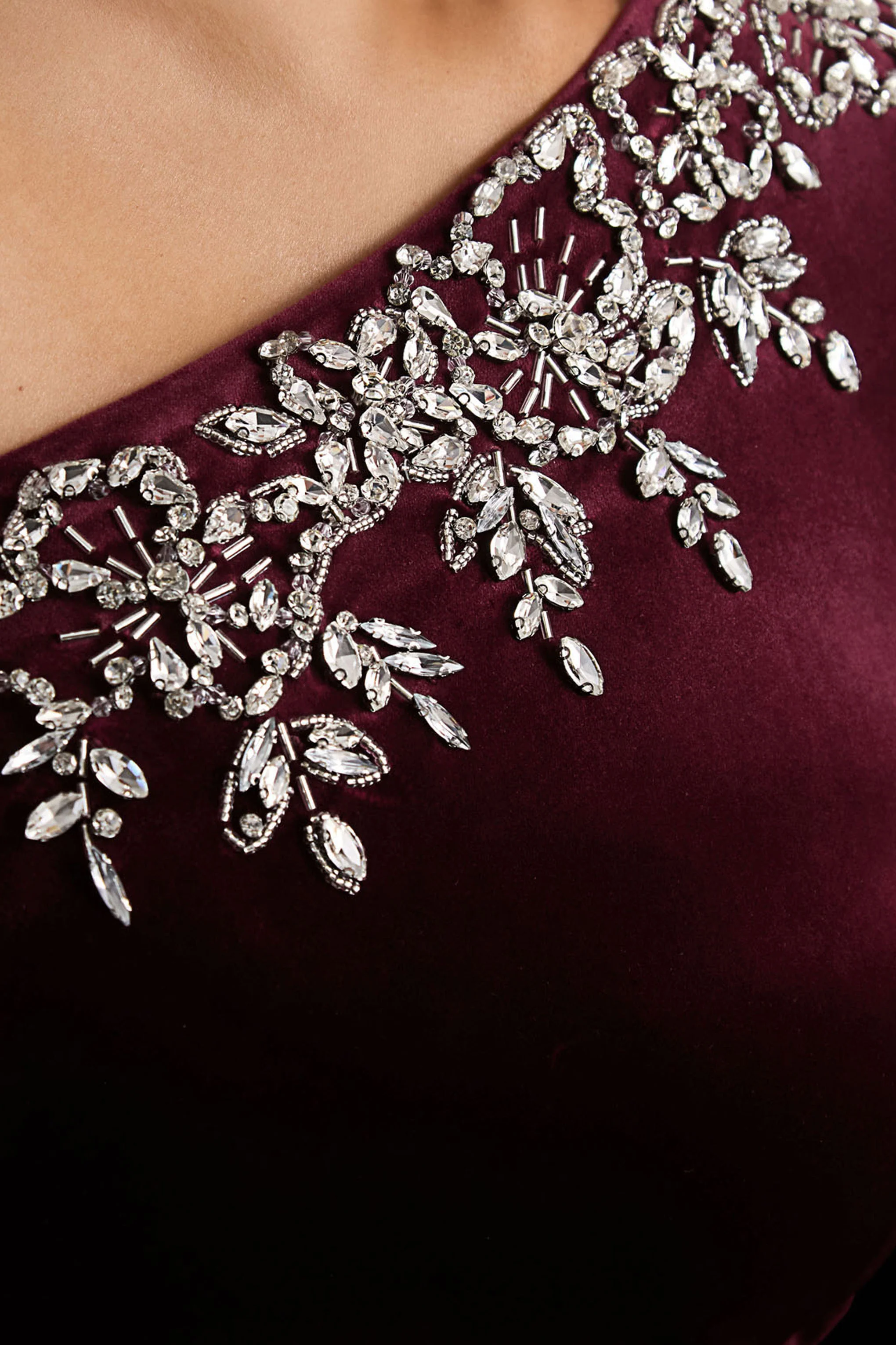 Nyssa | Burgundy Embellished Asymmetric-Neck Maxi Dress