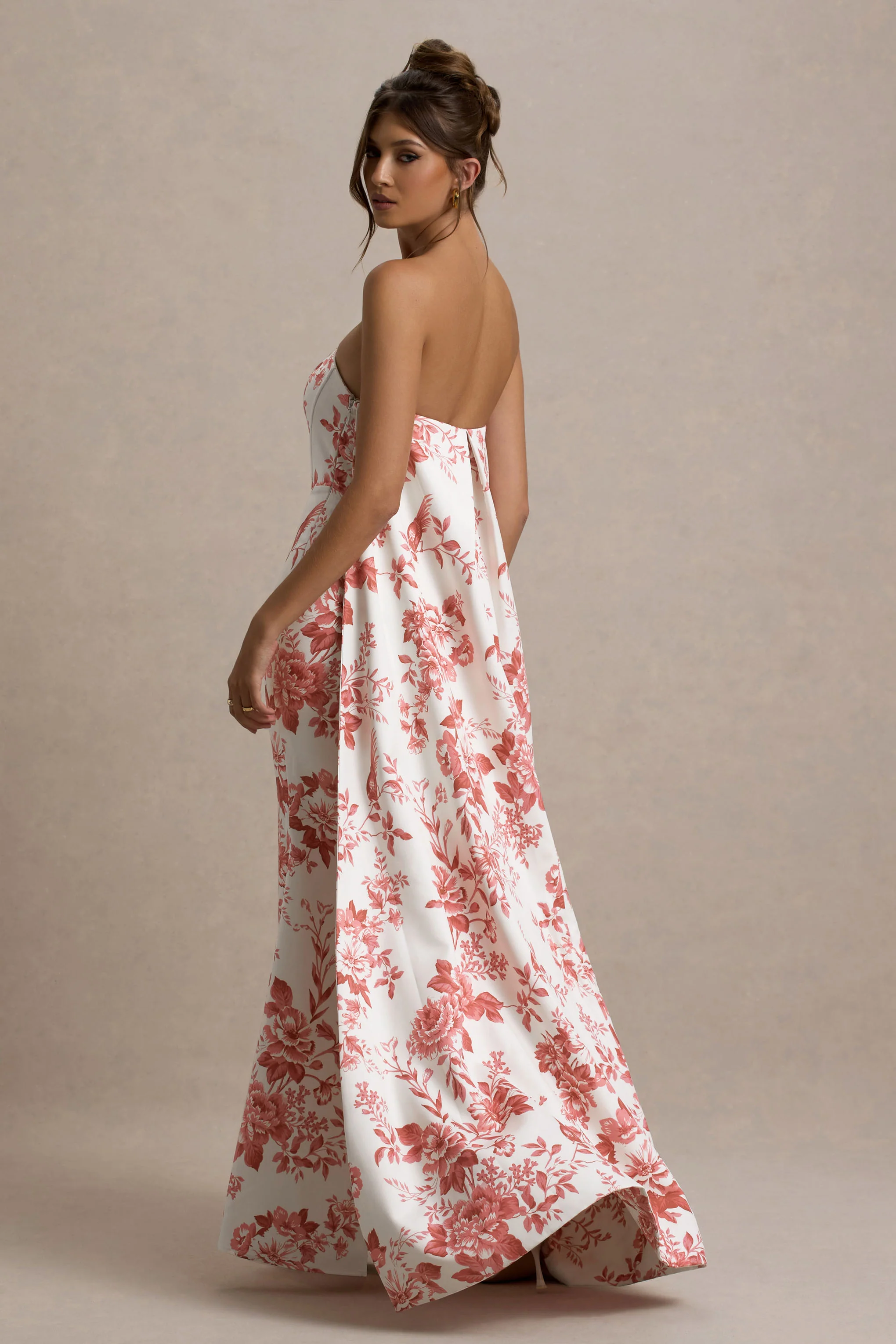 Lywenn | Pink Porcelain Print Bandeau Maxi Dress With Cape