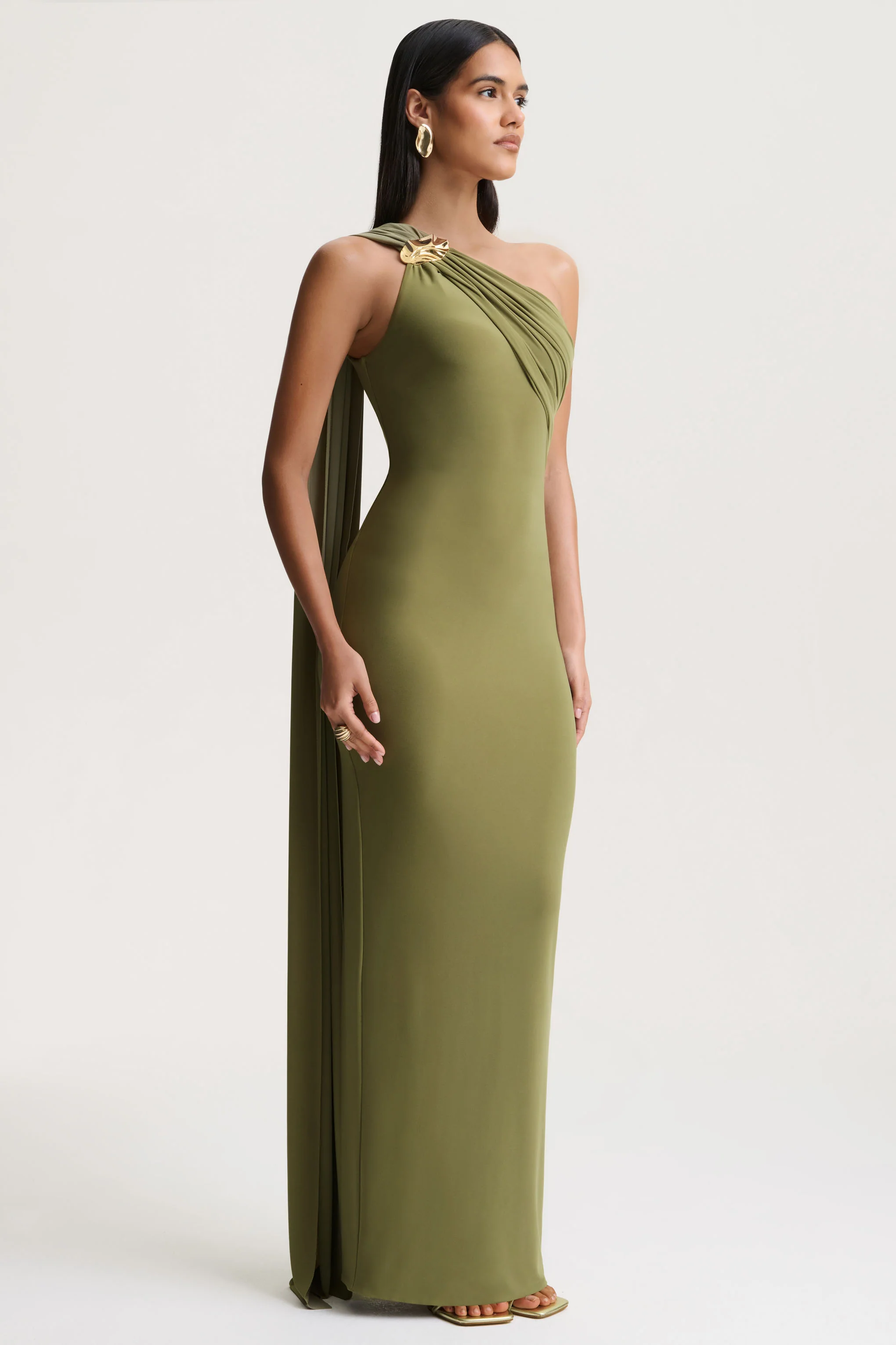 Mandy | Olive Asymmetric-Neck Maxi Dress With Gold-Detail
