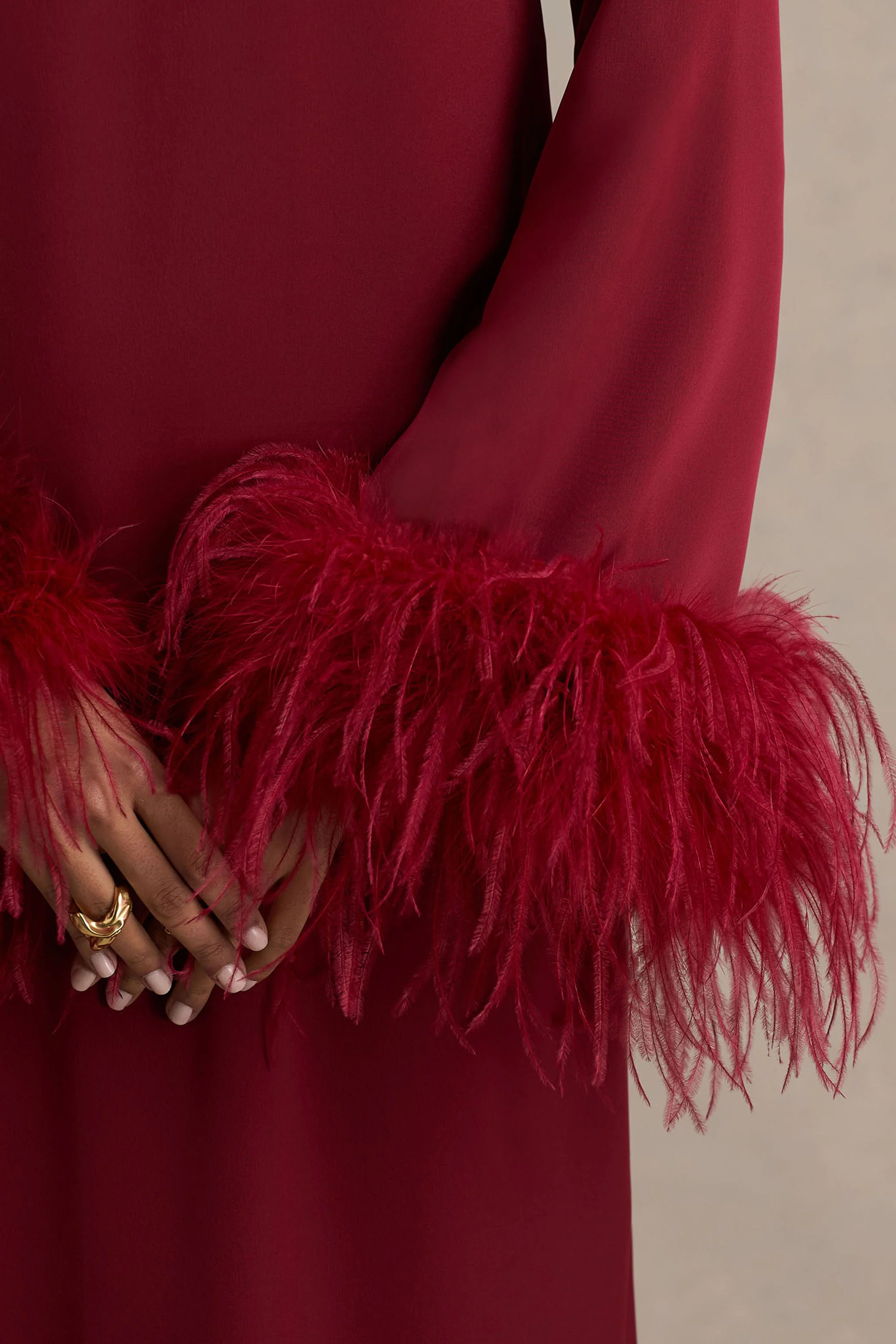 Adella | Burgundy Satin Feather-Trim Maxi Dress