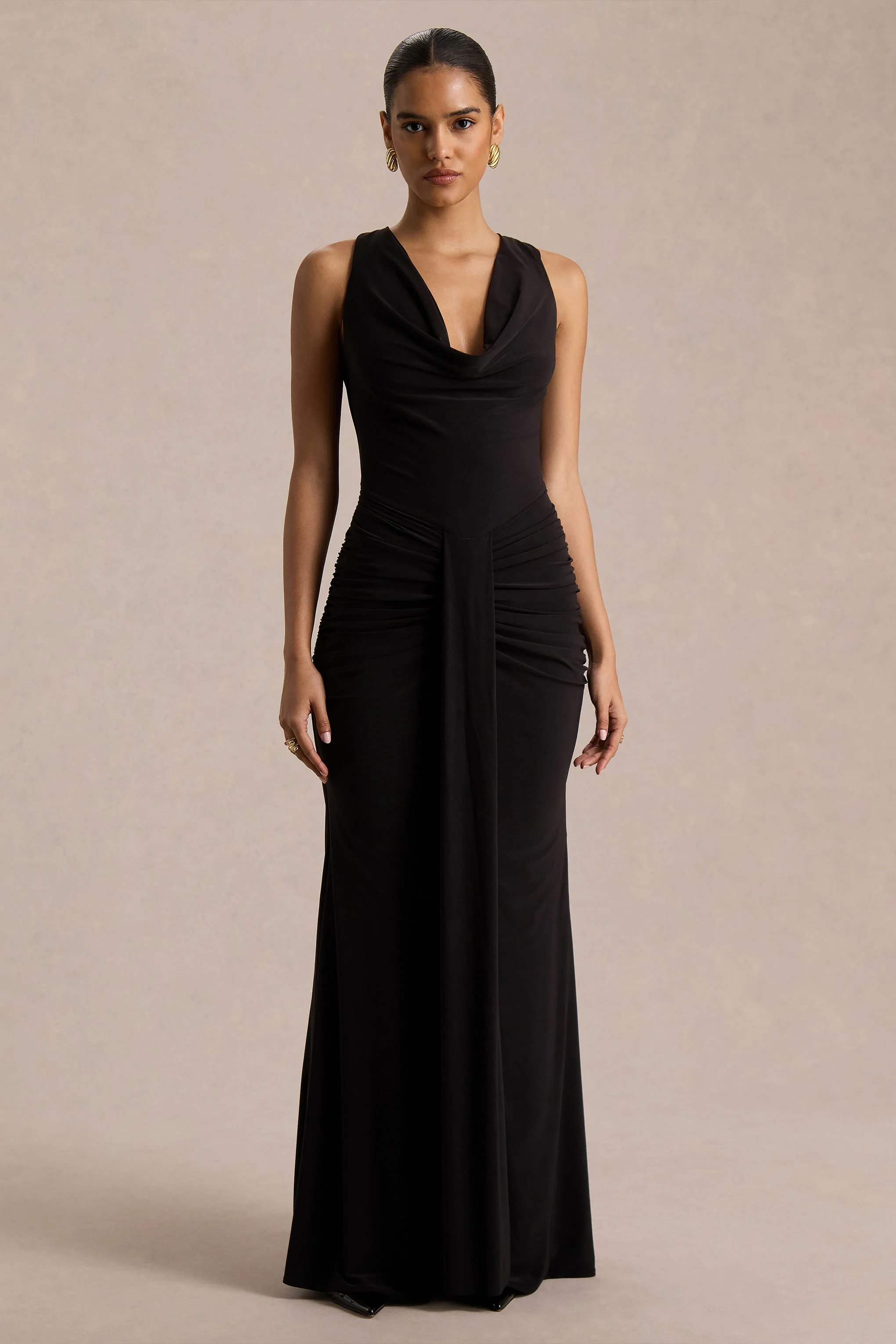 Mallie | Black Cowl-Neck Maxi Dress With Gathered-Detailing