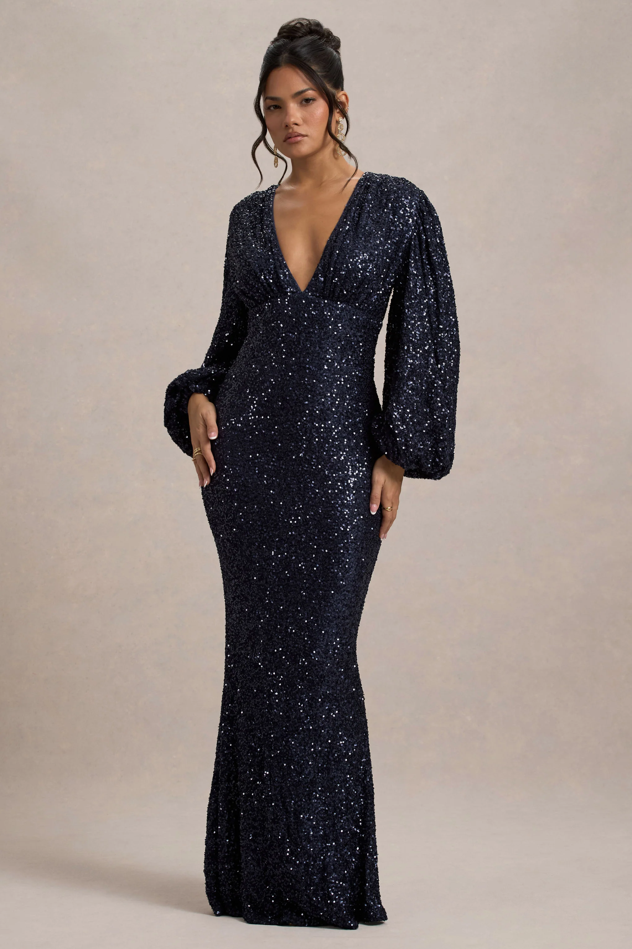Kaelin | Navy Sequin Plunge-Neck Maxi Dress